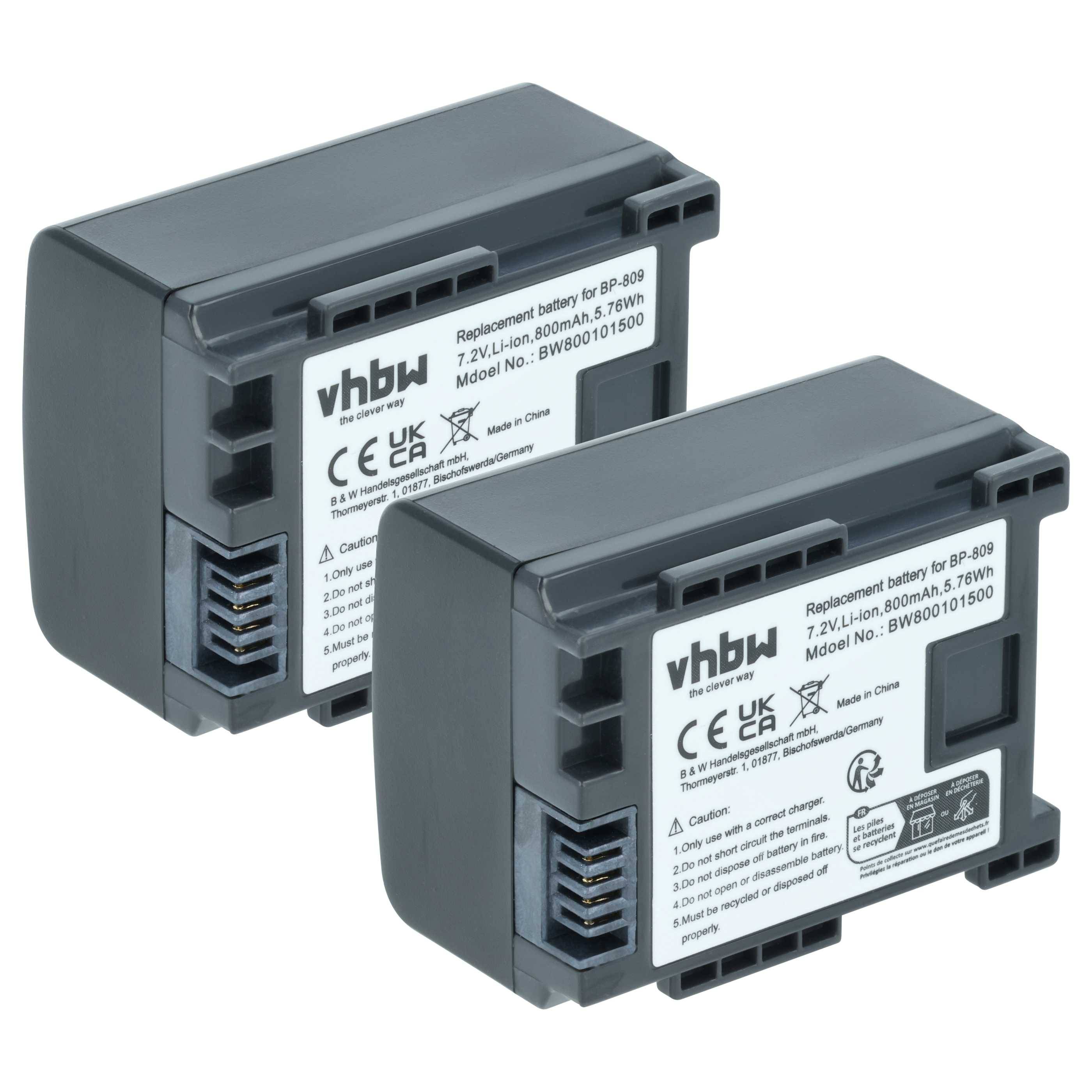 Zwei schwarze vhbw Ersatz-Kamerabatterien nebeneinander angeordnet, jeweils gekennzeichnet für BP-808, 7,2V Li-Ion, 800mAh/5,76Wh.