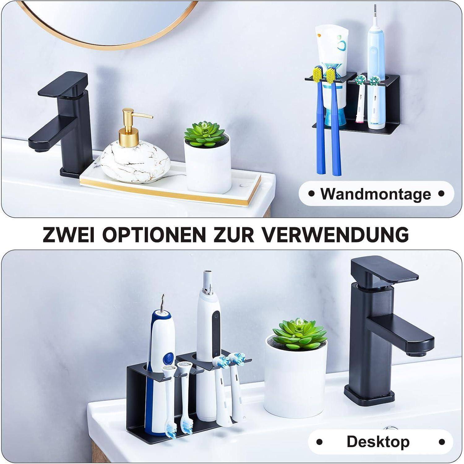 Badezimmer-Arbeitsplatte Organizer in zwei Setups dargestellt: wandmontiert oder auf dem Schreibtisch, mit Platz für Zahnbürsten, Rasierer und kleine Toilettenartikel.