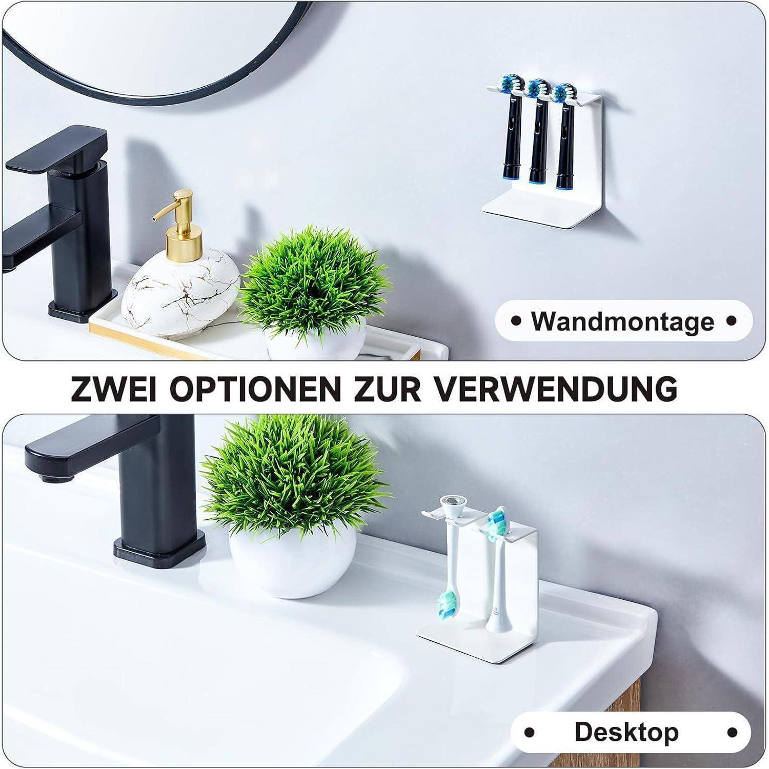 Badezimmer-Zahnbürstenhalter in zwei Verwendungen dargestellt: wandmontiert und auf dem Schreibtisch neben einem Waschbecken und Wasserhahn platziert.