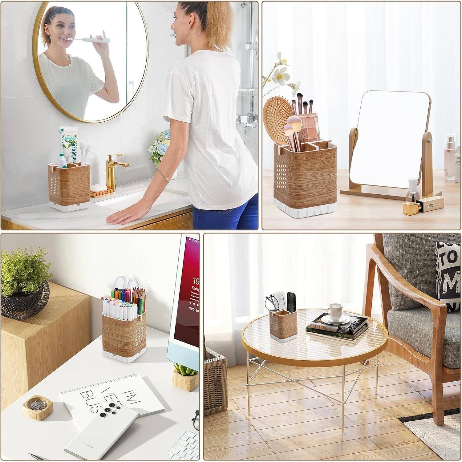 Collage mit einem Aufbewahrungsbehälter aus Holzoptik, der auf einer Badezimmer-Waschtischplatte verwendet wird, als Make-up-Organizer, Schreibtischorganizer und kleiner Couchtisch-Tablett.