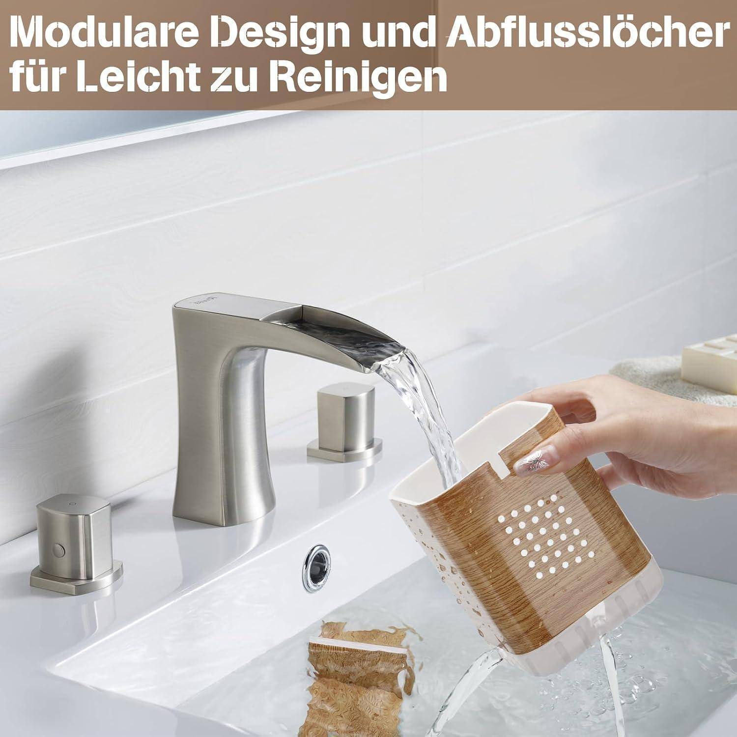 Wasserhahn zum Spülen eines modularen Badezimmer-Spülbeckens; deutscher Text besagt „Modulares Design und Abflusslöcher zum einfachen Reinigen