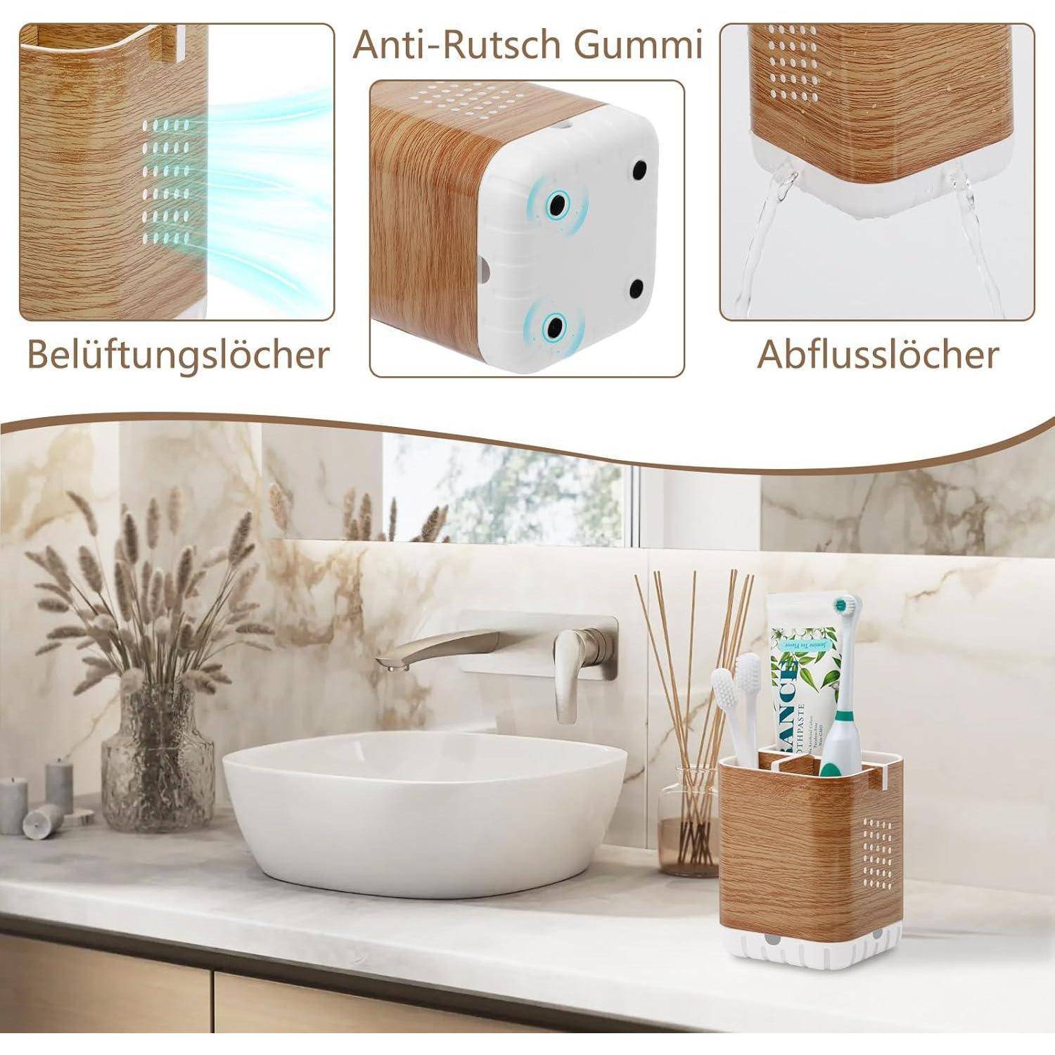 Badezimmer-Caddy mit Holzoptik, Belüftungslöcher, Ablauflöcher und rutschfeste Basis, dargestellt neben einem Waschbecken mit Toilettenartikeln.