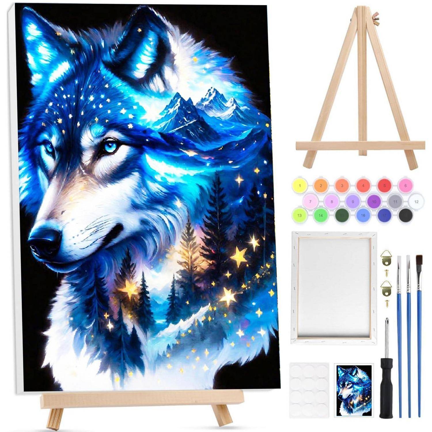 Kunstset mit einem Wolf-und-Berge-Gemälde auf einer Staffelei, plus Leinwand, Farben, Pinsel und Werkzeuge