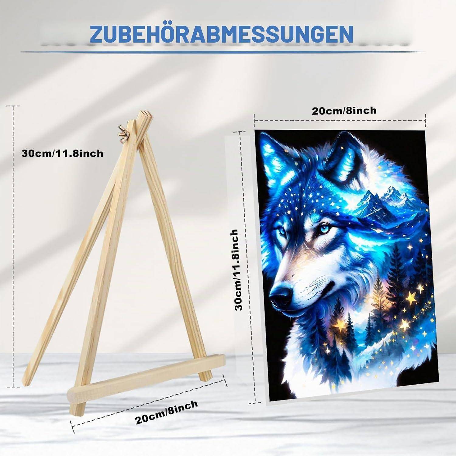 Größenleitfaden mit einer Holz-Tischplattenstaffelei und einem ausgestellten Gemälde; beide sind mit 20 cm x 30 cm (8 x 11,8 Zoll) beschriftet.