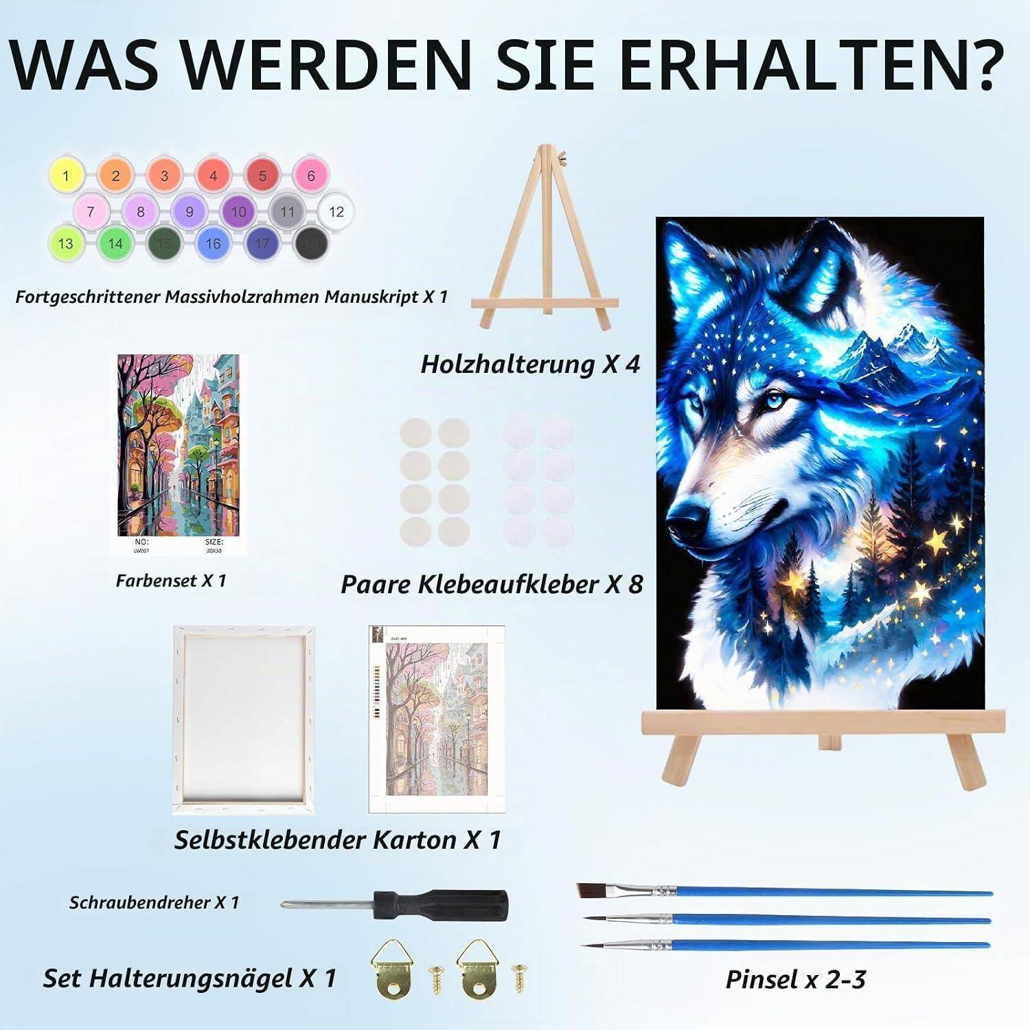 Übersicht der Kunstset-Inhalte mit einer Malvorlage eines Wolfes und enthaltenen Materialien: Malkasten, Holzständer, Klebstoffleinwand, Schraubendreher, Nägel und Pinsel.