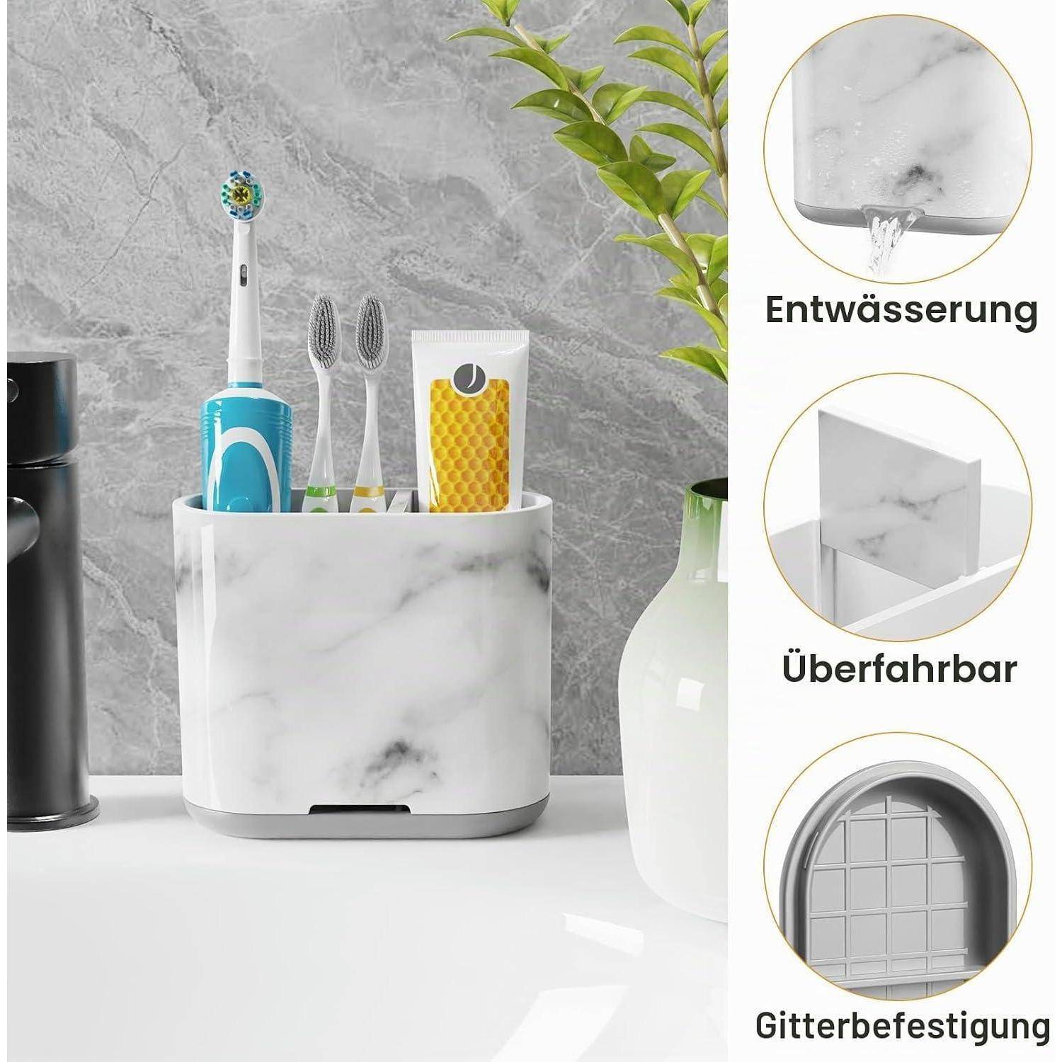 Badezimmerorganizer mit Marmor-Optik, der eine elektrische Zahnbürste, zwei manuelle Zahnbürsten und Zahnpasta hält, mit Funktionshinweisen für Entwässerung, Verwendung über dem Waschbecken und Rastermontage.