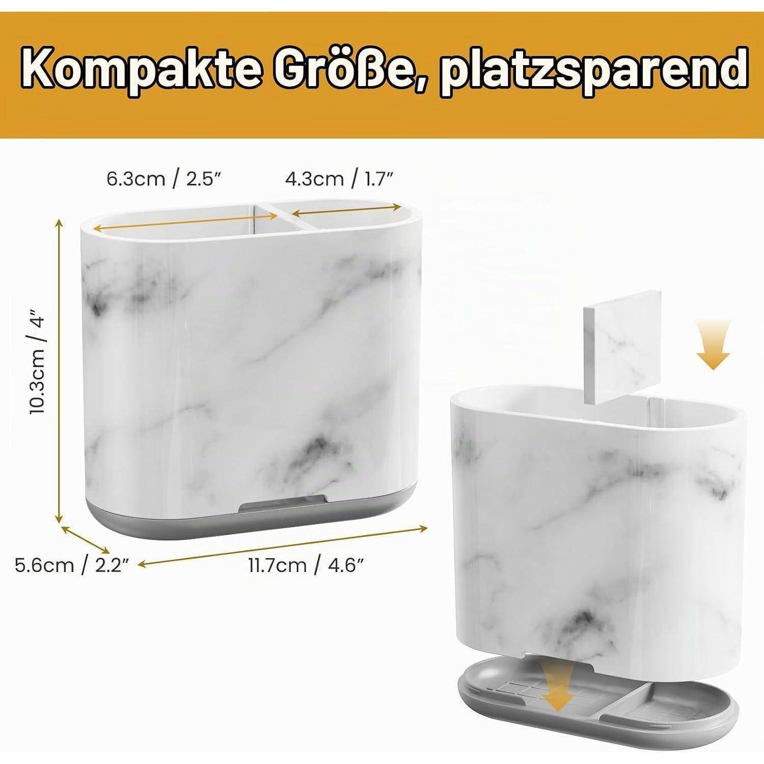 Produktbild zeigt einen kompakten Schreibtischorganizer mit Marmormuster mit zwei Fächern und einer Schiebladeaus, gekennzeichnet mit den Maßen 11,7 cm x 5,6 cm x 10,3 cm.