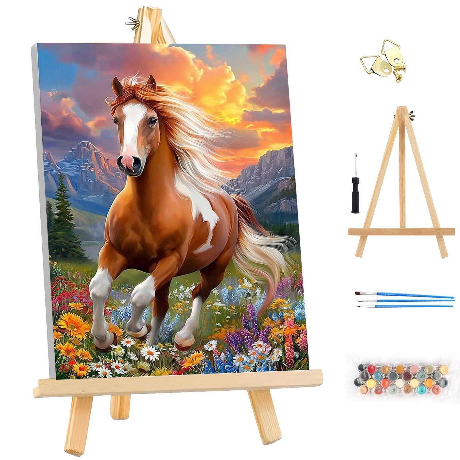 Malen-nach-Zahlen-Set mit einer Staffelei, die ein Pferdekunstwerk zeigt, plus einer kleinen Staffelei, Pinsel, Werkzeug und Farbdosen im Lieferumfang enthalten.