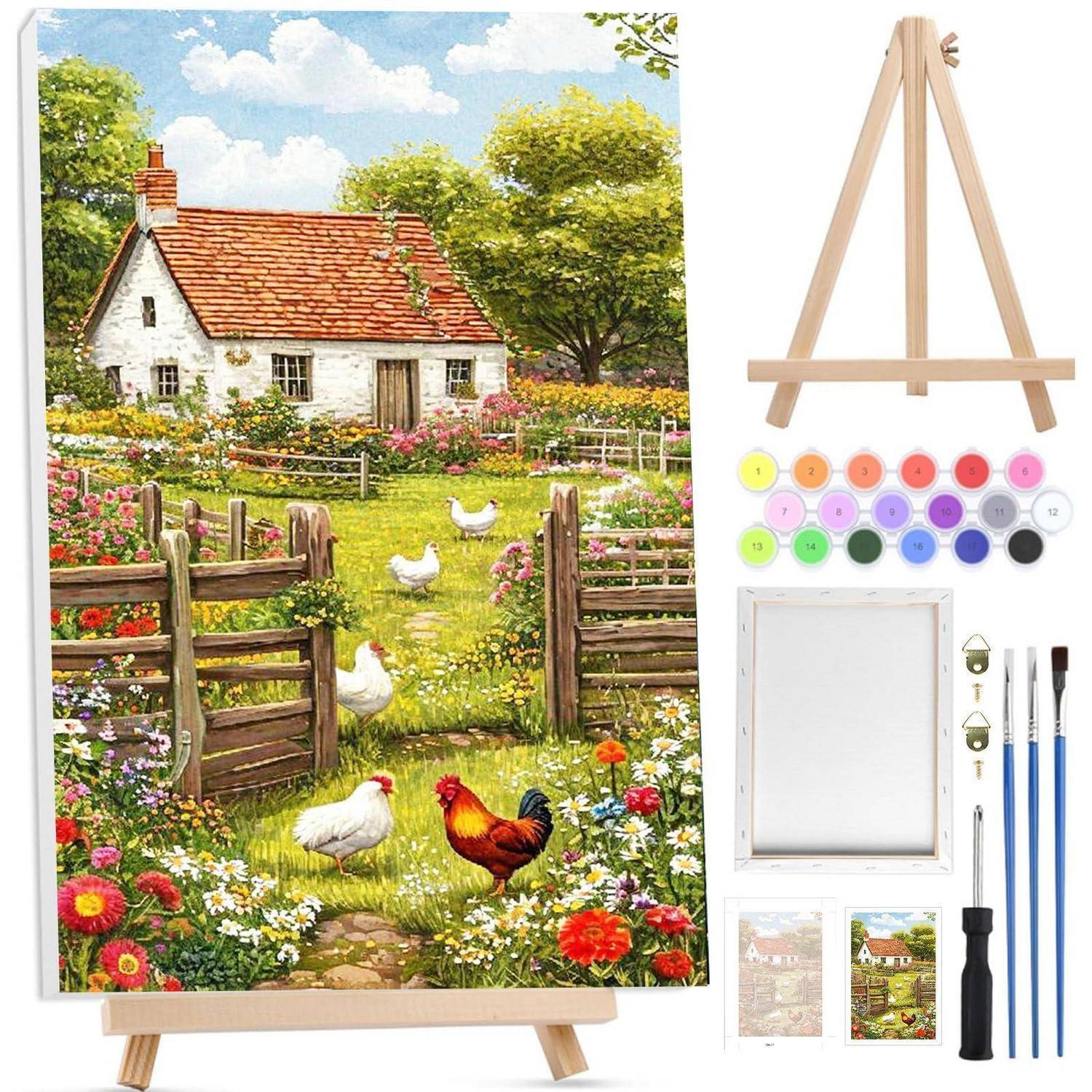 Malen-nach-Zahlen-Set auf einer Staffelei mit einem Bauerngarten mit Hühnern, Farbdosen, Pinseln und einer leeren Leinwand.