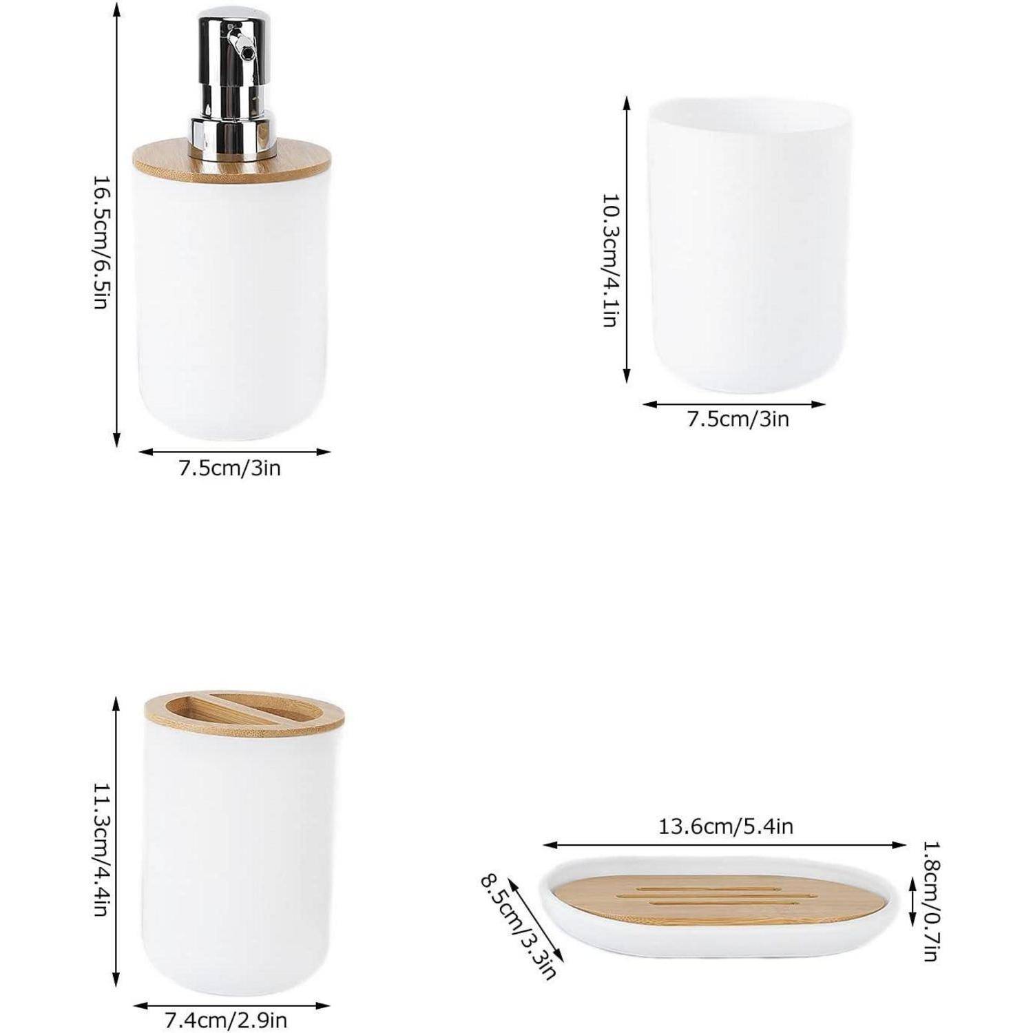 Produktabmessungen-Diagramm eines weißen zylindrischen Seifenspenders mit Pumpe und passendem Behälter, mit Größenmessungen in cm und Zoll aus mehreren Perspektiven.