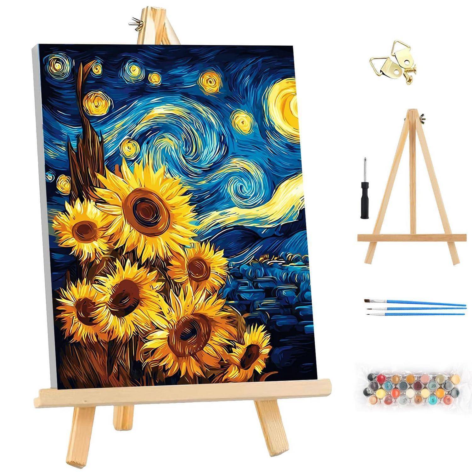 Malset mit Staffelei, die eine Sonnenblumen-Version von 