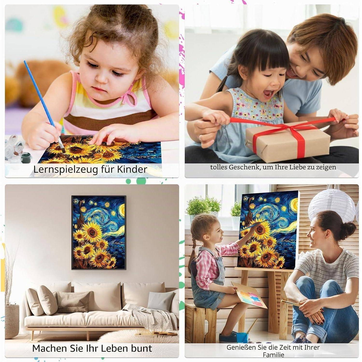 Vier-Panel-Collage zur Bewerbung eines farbenfrohen Sonnenblumen- und Nachthimmel-Malrätsels: Kinder erschaffen es, erhalten es als Geschenk und zeigen es im Wohnzimmer.