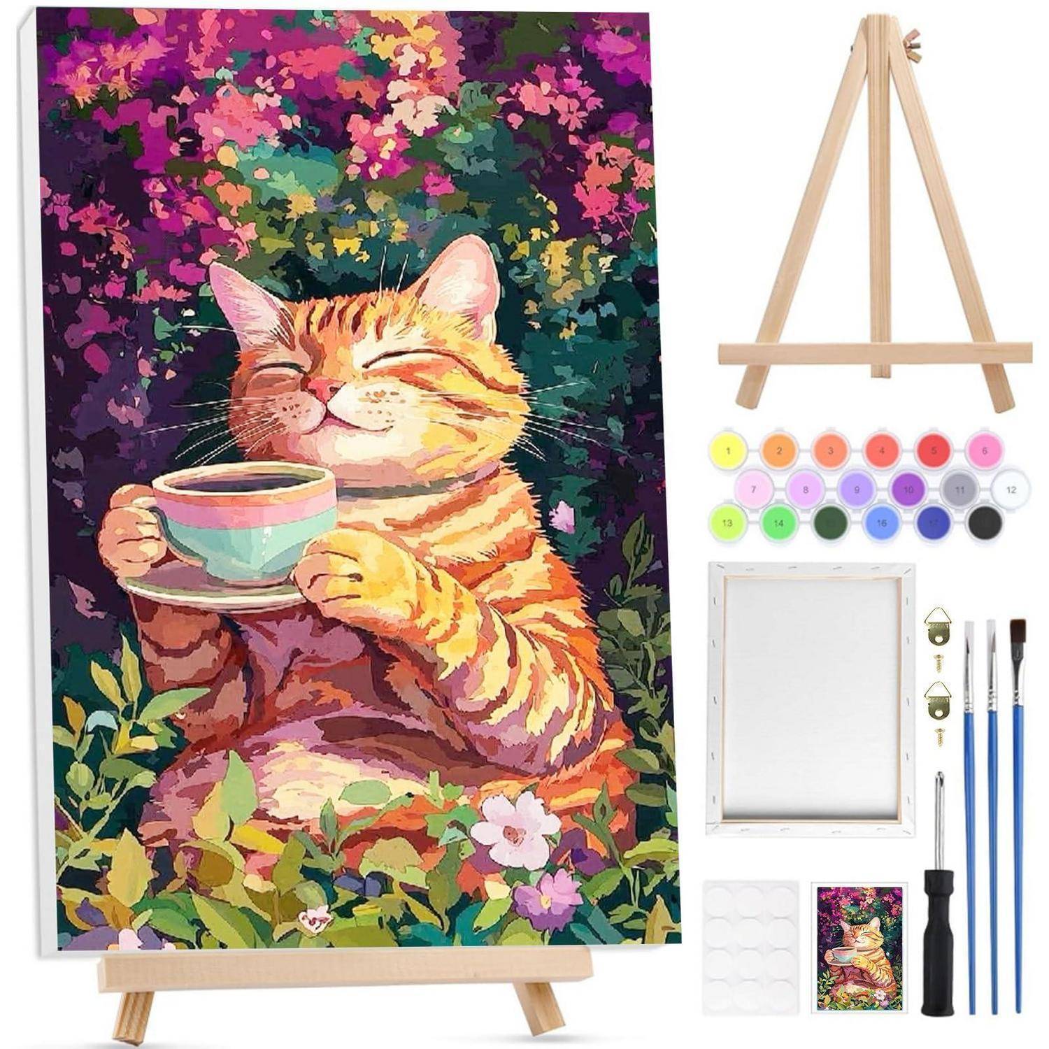 Malbuch-Set mit einer Katze, die eine Teetasse hält, mit Staffelei, nummerierten Farbtöpfen, Pinseln und leerer Leinwand im Lieferumfang enthalten