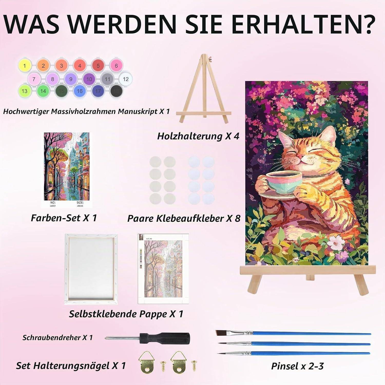 Deutsches Produktinhalts-Grafikpaket für ein Katzen-Mal-Set: 1 gespannter Leinwandrahmen, 4 Holzständer, 1 Farbset, 8 Klebepads, 1 selbstklebendes Board, 1 Schraubendreher, 1 Nagelset und 2-3 Pinsel.