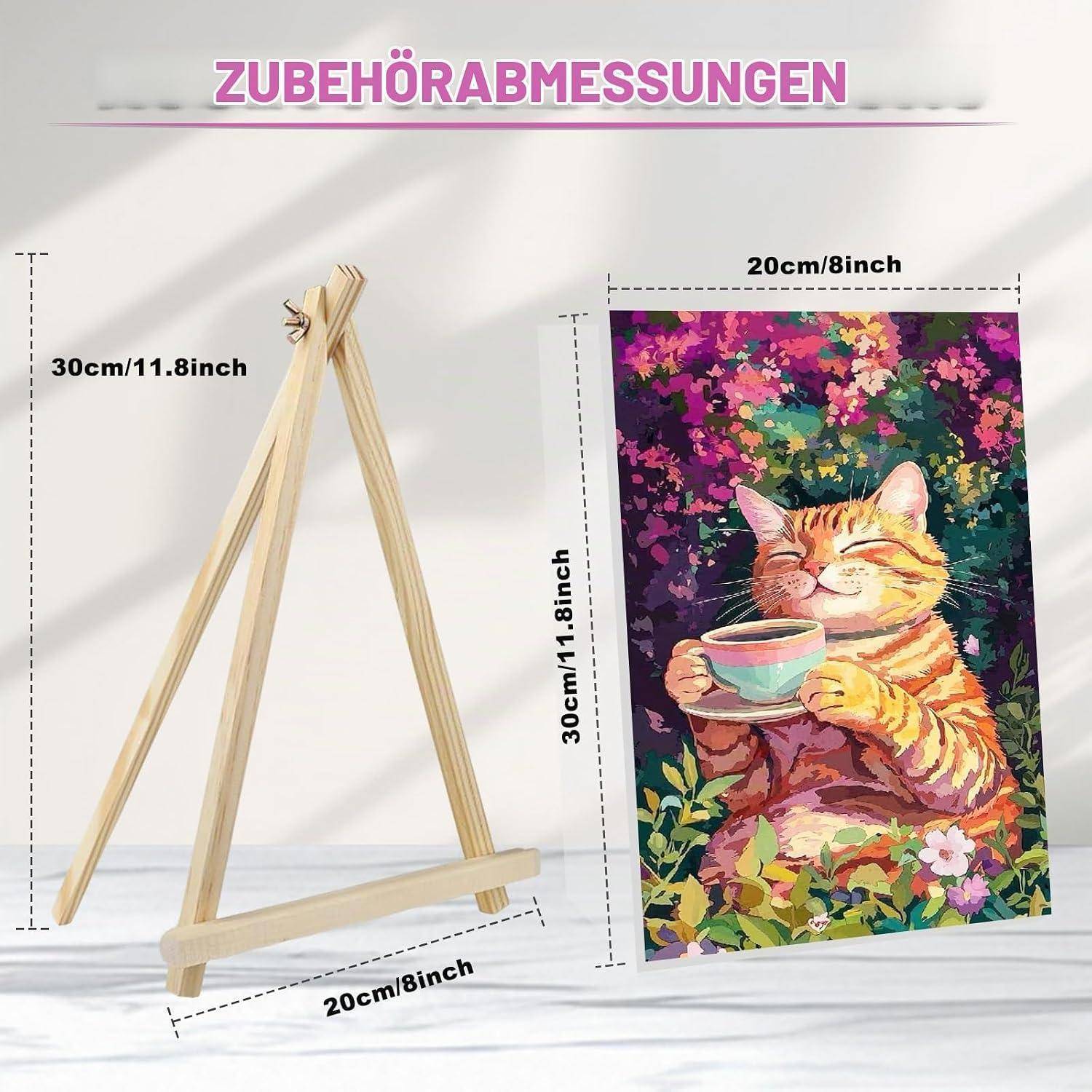 Bilddimensionen für eine Staffelei-Anzeige: 30 cm hoch mal 20 cm breit; das gezeigte Beispielkunstwerk ist ein 20 x 30 cm Katzenbild.