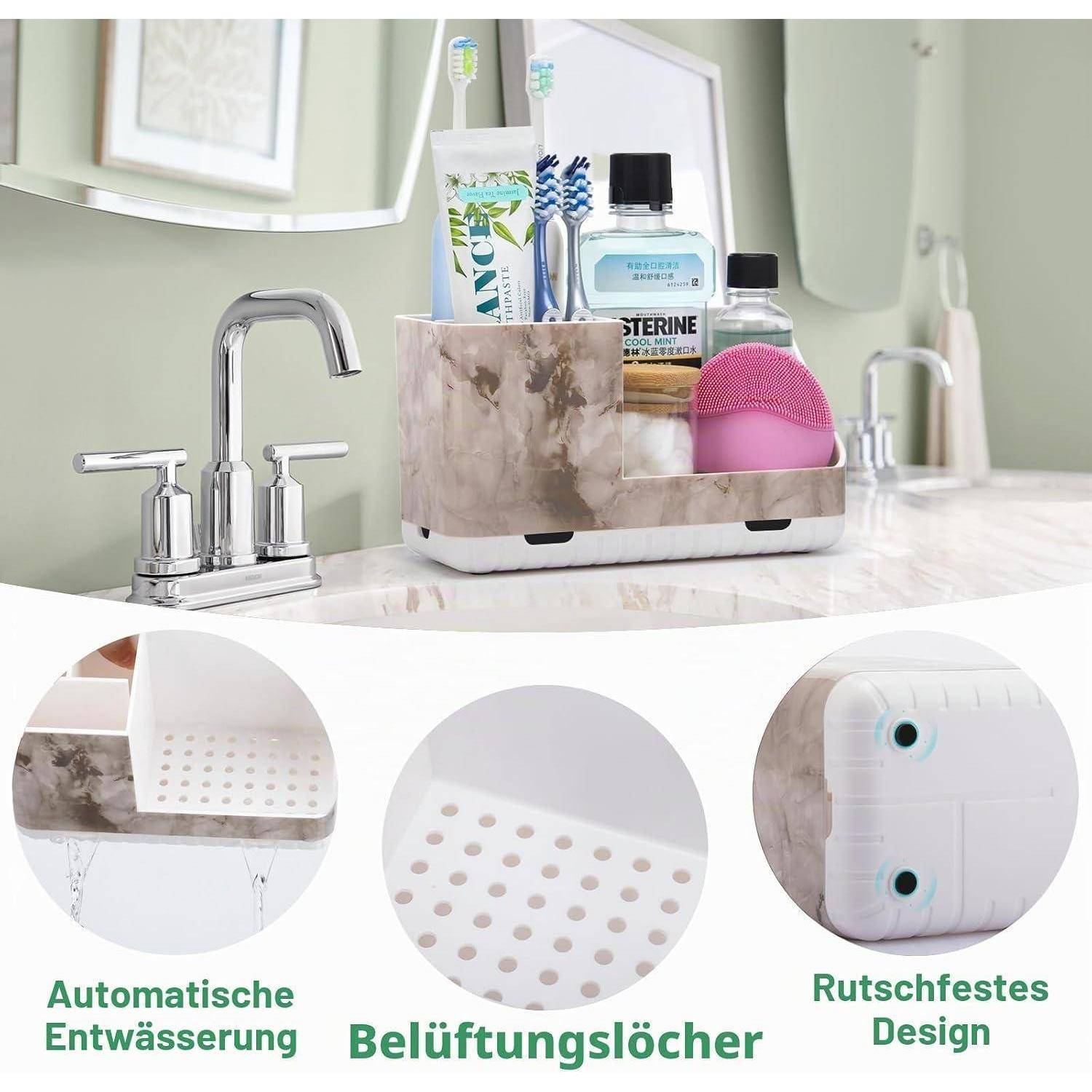 Badezimmer-Arbeitsplatte Caddy, der Zahnbürsten, Mundwasser und einen Schwamm hält, mit eingefügten Callouts, die die automatische Entwässerung, Belüftungslöcher und ein rutschfestes Design hervorheben.