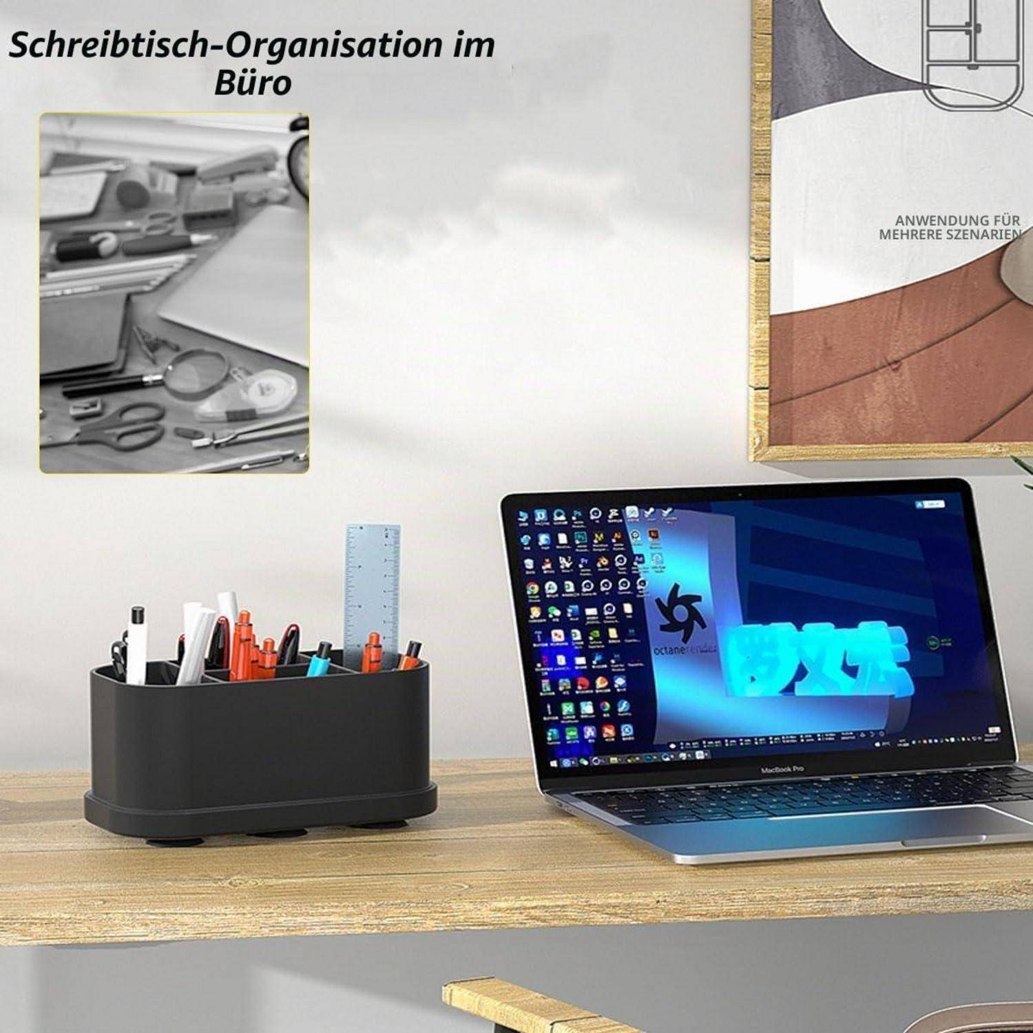 Ein ordentlicher Büroschreibtisch mit Stiftorganizer und Laptop unter Wandkunst, mit dem Titel „Schreibtisch-Organisation im Büro