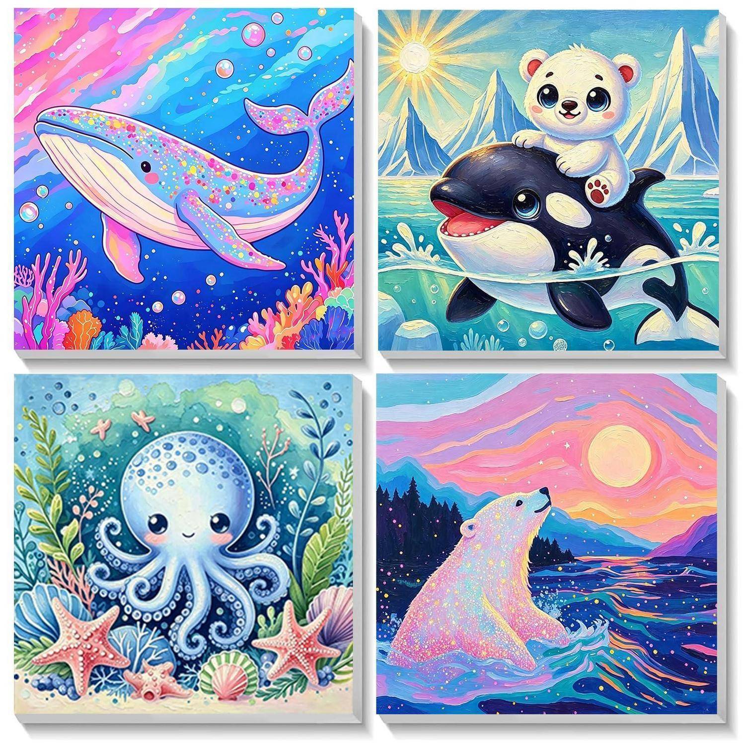 Vier farbenfrohe quadratische Illustrationen niedlicher Meeresbewohner: ein Wal, ein Eisbär auf einem Orca reitend, ein Oktopus und ein Eisbär bei Sonnenuntergang, alle in einer Ozeanszene.