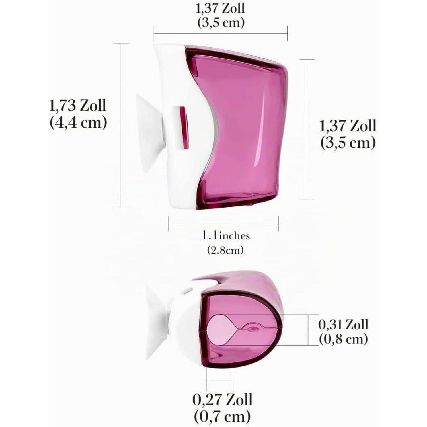 Bemesstes Diagramm eines rosa-weißen wandmontierten Objekts, das Seiten- und Frontansichten mit Abmessungen in Zoll und Zentimetern zeigt.