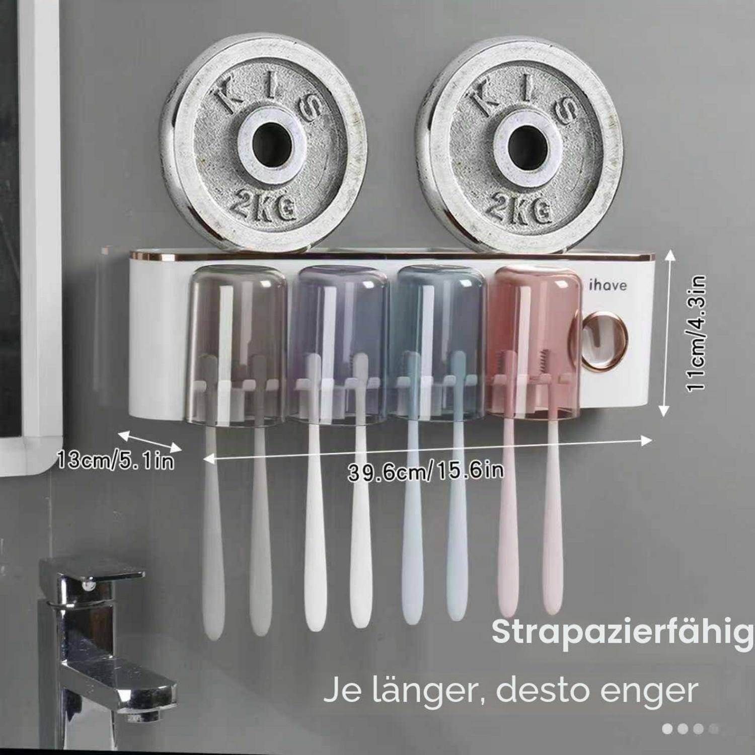# Wandmontierter Zahnbürstenhalter mit vier Zahnbürsten und zwei 2-kg-Gewichten oben, mit Größenmessungen und deutschem Produkttext angezeigt.