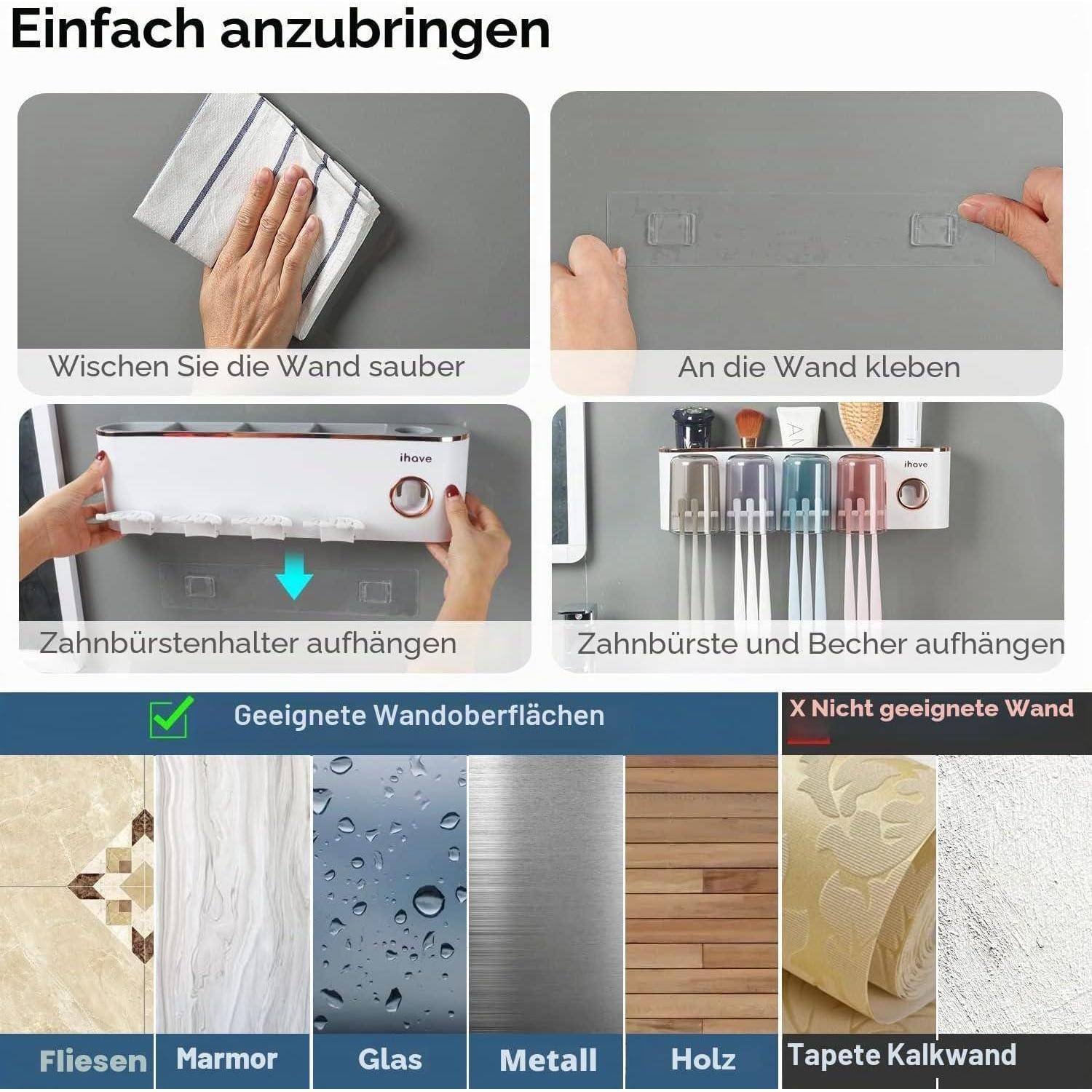 Eine Anleitung zeigt, wie man einen Zahnbürstenhalter installiert: Wand reinigen, aufkleben, den Halter aufhängen, dann Zahnbürsten und Becher aufhängen; geeignete Oberflächen sind Fliesen, Marmor, Glas, Metall und Holz, nicht Tapete oder Kalkwand.