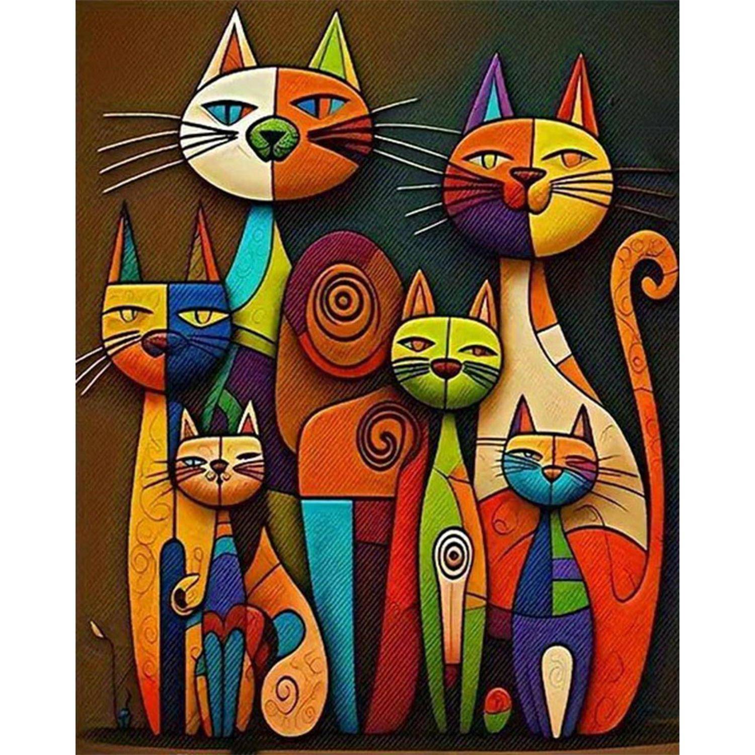Buntes abstraktes Gemälde von fünf stilisierten Katzen mit geometrischen Formen und Spiralmustern auf dunklem Hintergrund.