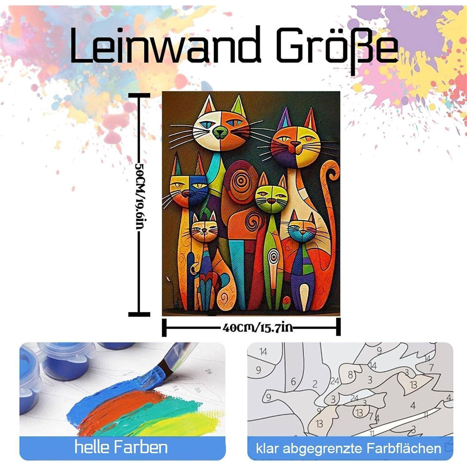 Leinwandgrößen-Diagramm mit einem 50 cm × 40 cm Katzenbild mit leuchtenden Farben, sowie Nahaufnahmen von lebendiger Farbe und klar definierten Farbflächen.