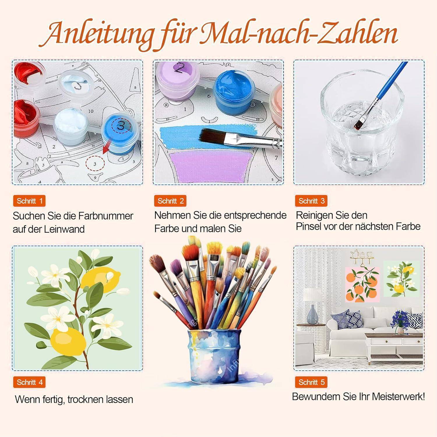Anleitung zum Malen nach Zahlen mit fünf Schritten: Finden Sie die Nummer, wählen Sie die passende Farbe aus, spülen Sie den Pinsel aus, lassen Sie es trocknen, dann bewundern Sie das fertige Kunstwerk.