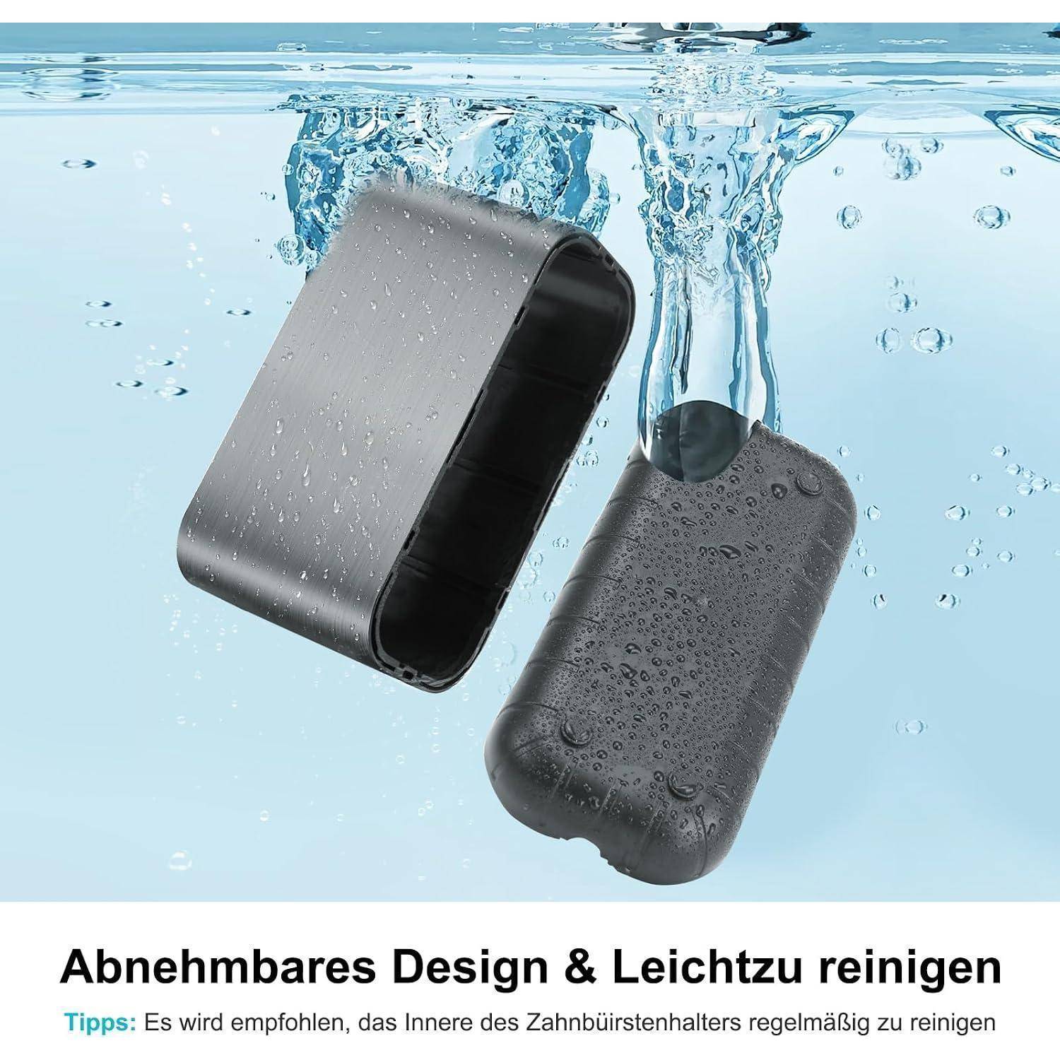 Zwei wasserdichte schwarze Zahnbürstenhalter-Teile, die unter Wasser schweben, zeigen ein abnehmbares Design, das leicht zu reinigen ist; deutscher Text lautet „Abnehmbares Design & Leicht zu reinigen