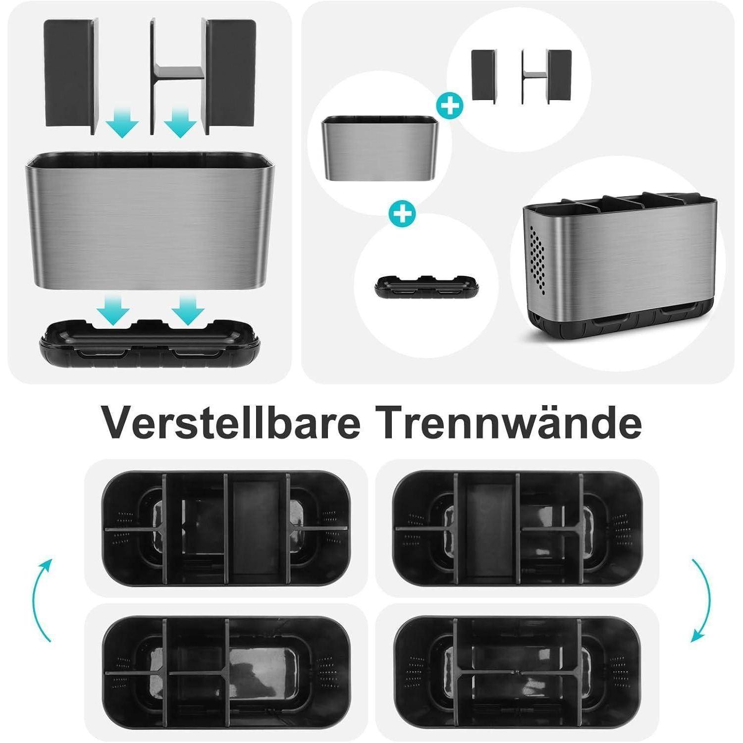 Diagramm eines Toasters mit verstellbaren Trennwänden, das abnehmbare Teile und vier verschiedene Innenfachkonfigurationen zeigt.