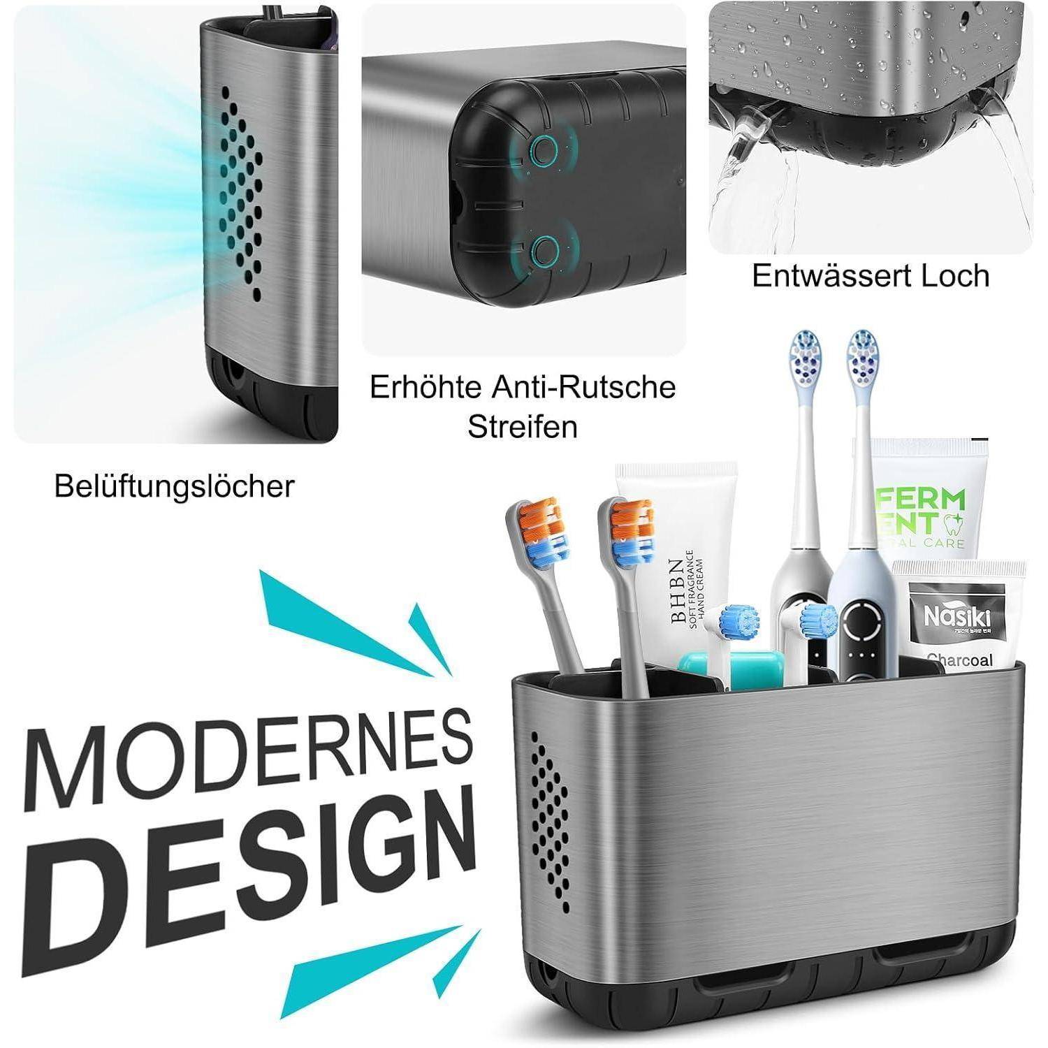Moderner Zahnbürstenhalter mit Metallfinish, Belüftungslöcher, erhöhte Antirutsch-Streifen und Abloch, gezeigt mit Zahnbürsten und Zahnpflegeprodukten.