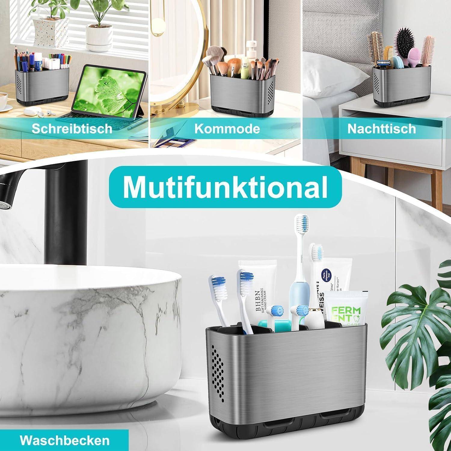 Silberner multifunktionaler Organizer zur Aufbewahrung von Zahnbürsten und Toilettenartikeln, gezeigt für die Verwendung auf Schreibtisch, Kommode, Nachttisch und Badezimmerspüle.