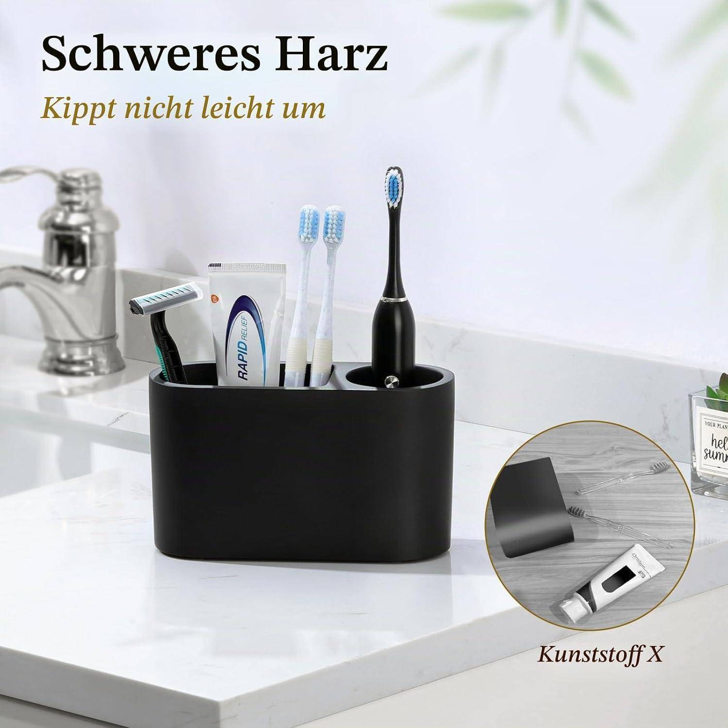 Schwarzer Badezimmerorganizer hält Zahnbürsten, Zahnpasta, Rasierer und eine schwarze elektrische Zahnbürste; Text sagt „Schweres Harz