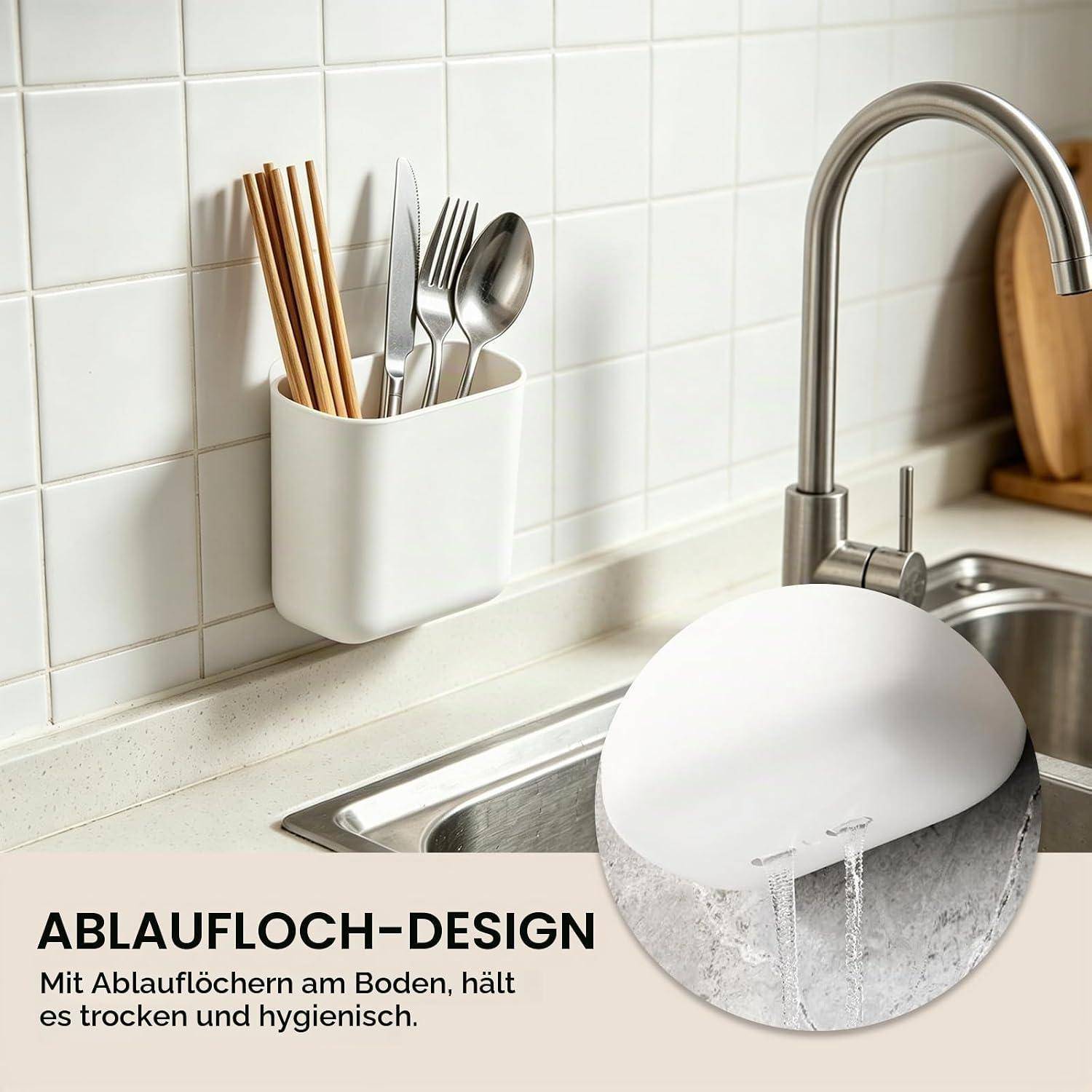 Küchenspüle mit wandmontiertem Utensilien-Halter und Wasserhahn, plus Ausschnitt mit „Ablaufloch-Design