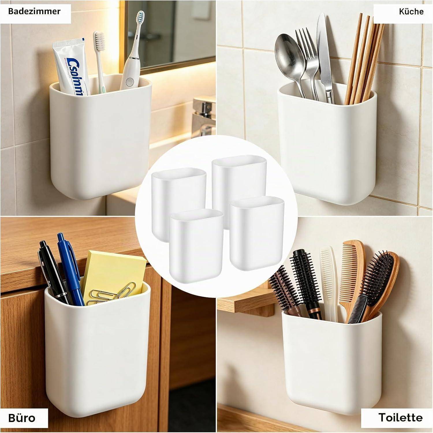 Weiße Klebstoff-Wandaufbewahrungsbehälter für Badezimmer, Küche, Büro und Toilette zum Aufbewahren von Zahnbürsten, Besteck, Stiften und Kämmen.