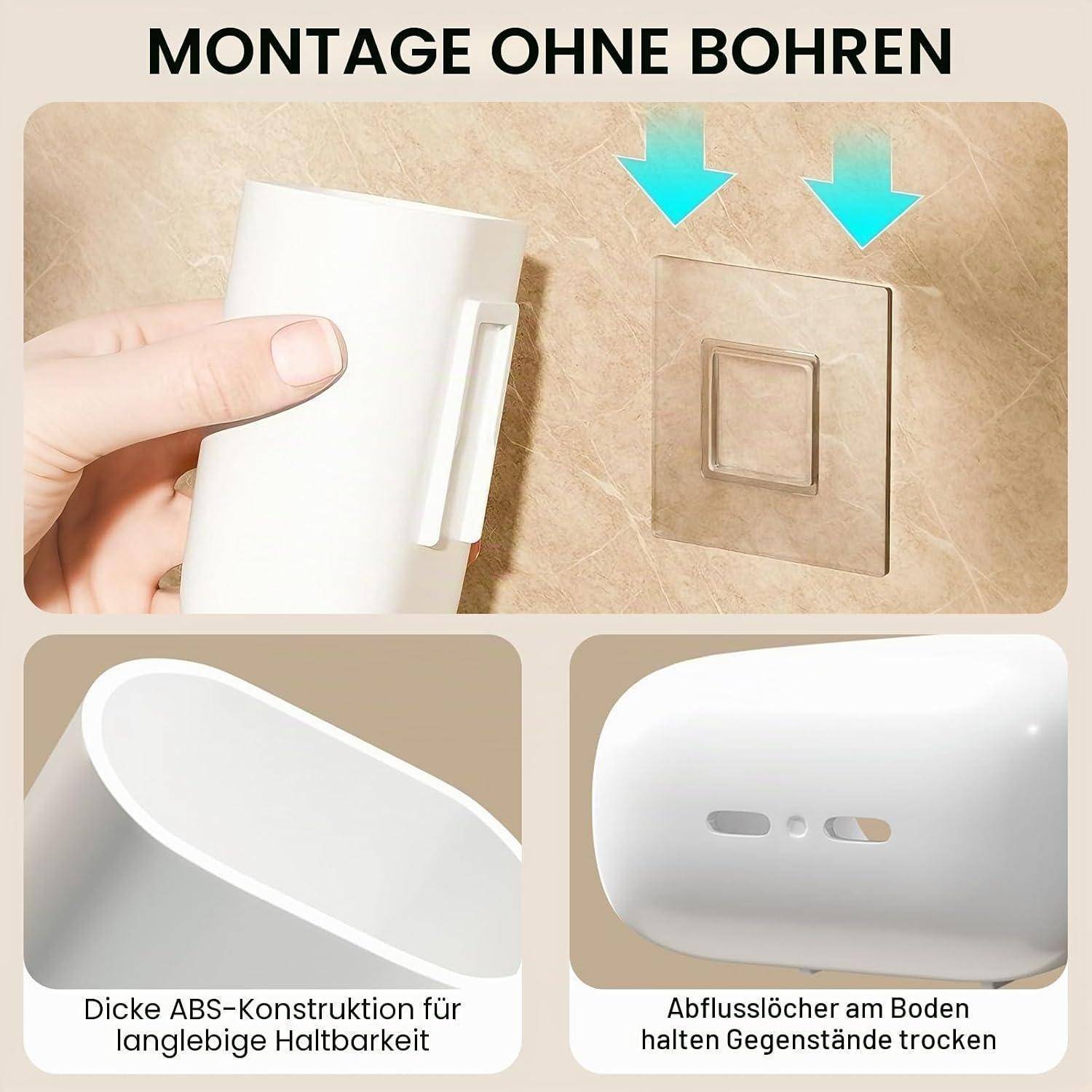 Anleitung zu einer Halterung, die sich ohne Bohren durch Drücken an eine geflieste Wand montieren lässt; Detailaufnahmen zeigen die robuste ABS-Konstruktion und Entwässerungslöcher, um Gegenstände trocken zu halten.