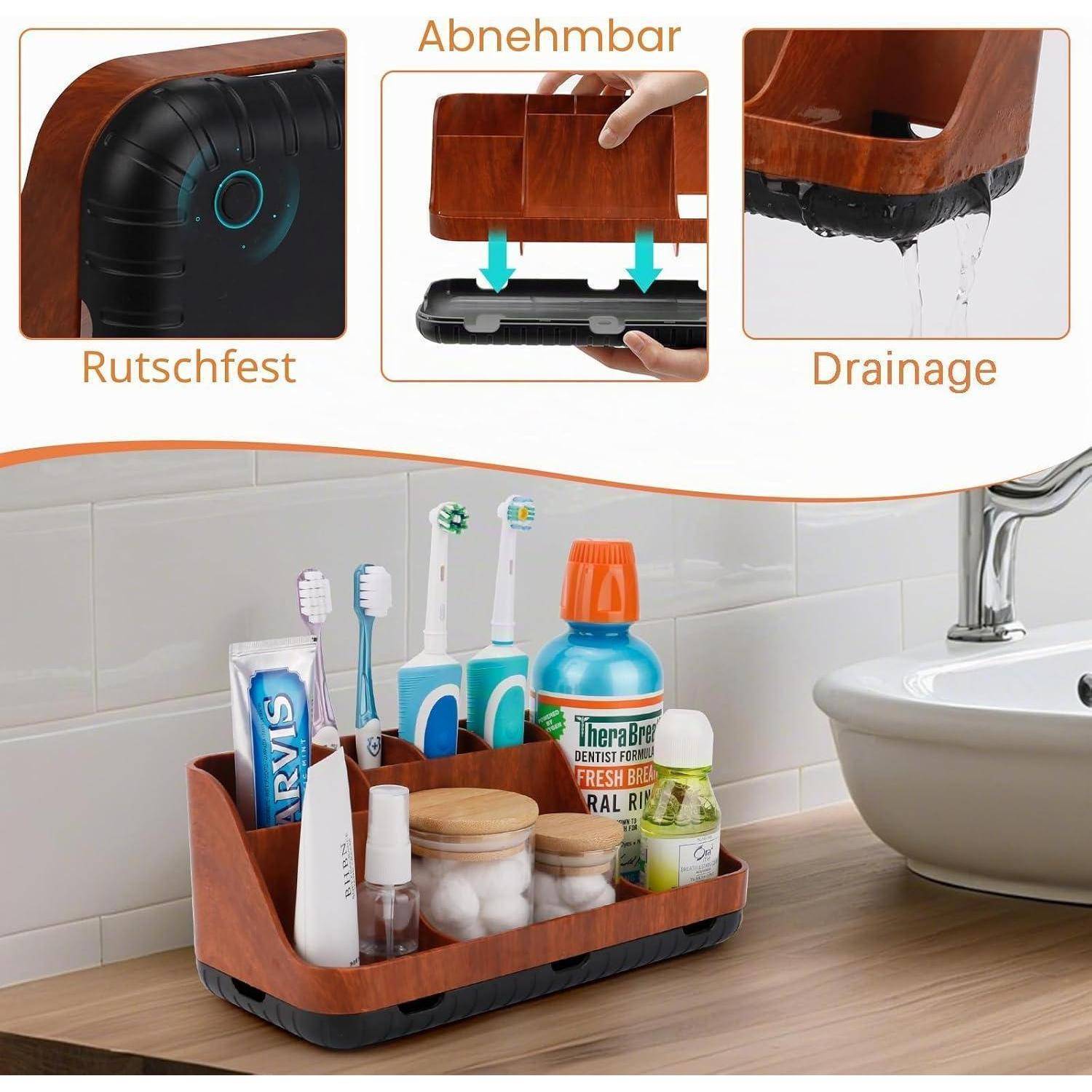 Holz-Badezimmerorganizer-Tablett mit rutschfester Basis und Entwässerung, das Zahnbürsten, Zahnpasta und Toilettenartikel neben einem Waschbecken hält.