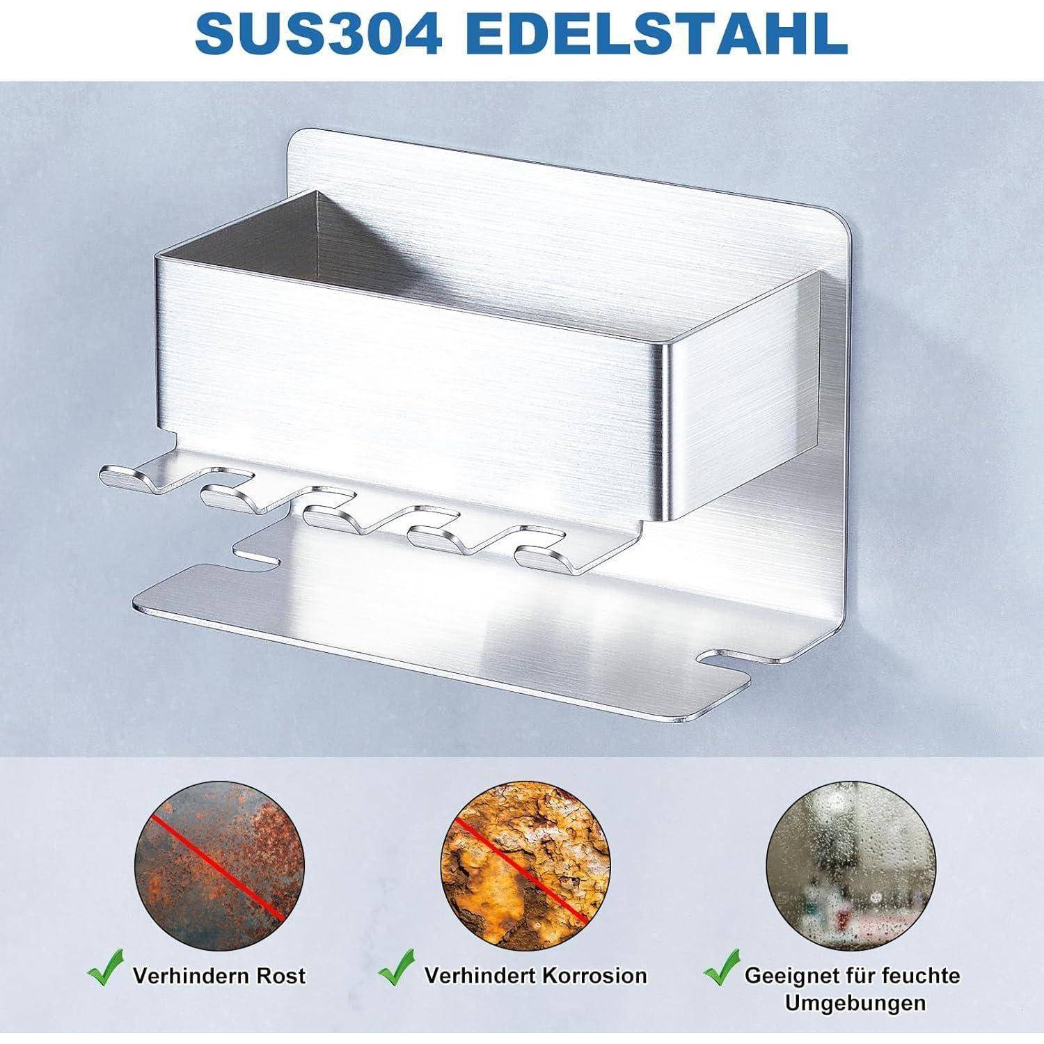 SUS304 Edelstahlwandhalter, dargestellt mit Rost- und Korrosionsschutzikonen und Text, der die Eignung für feuchte Umgebungen anzeigt.