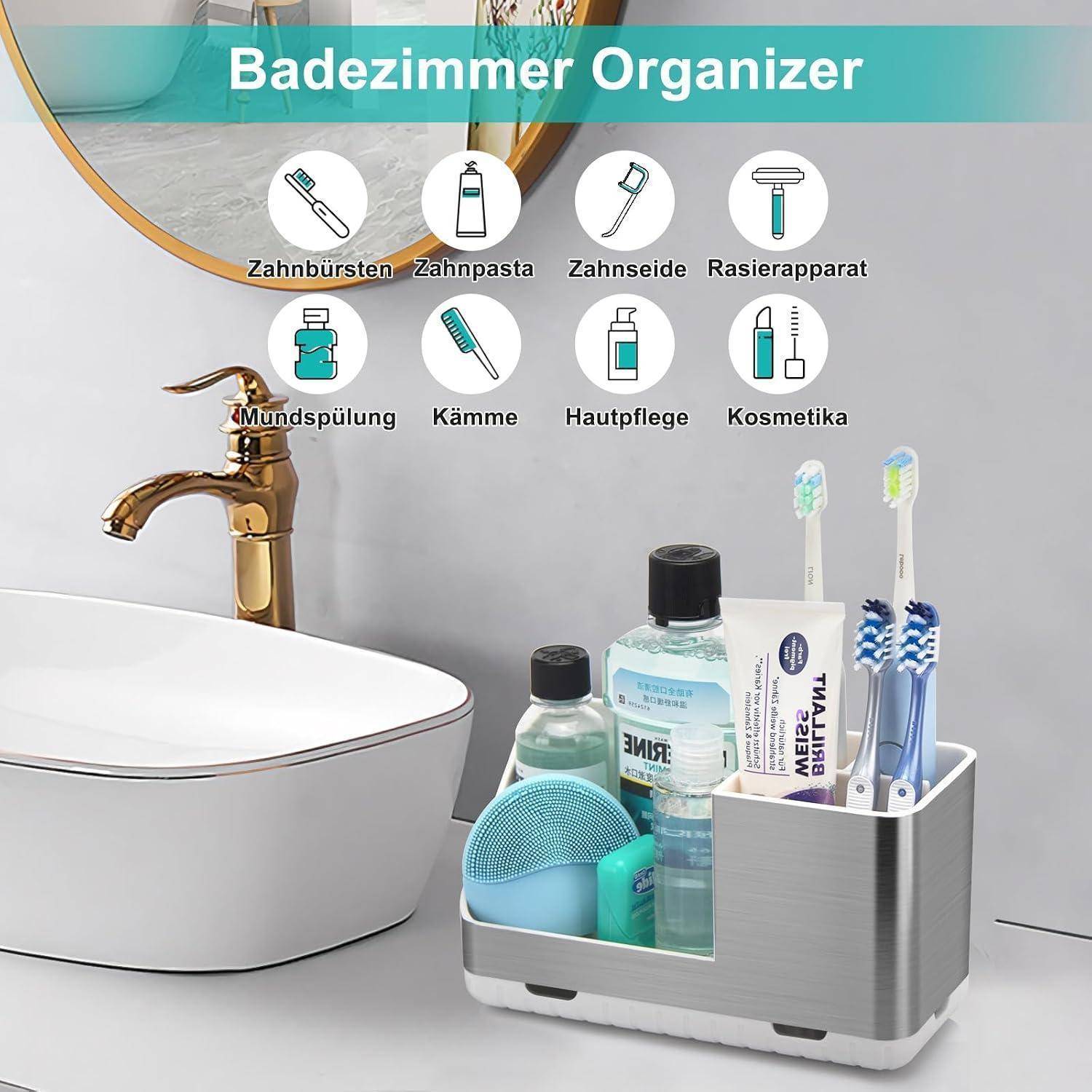 Badezimmerorganizer, der Zahnbürsten, Zahnpasta, Mundwasser, Kämme und Hautpflegeprodukte neben einem Waschbecken hält.