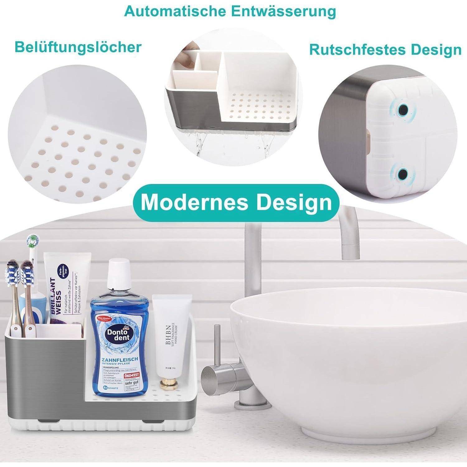 Badezimmer-Spülenorganizer mit automatischer Entwässerung, Belüftungslöcher, rutschfestem Design und modernem Aussehen; zeigt Zahnbürsten und Toilettenartikel neben einem Waschbecken.