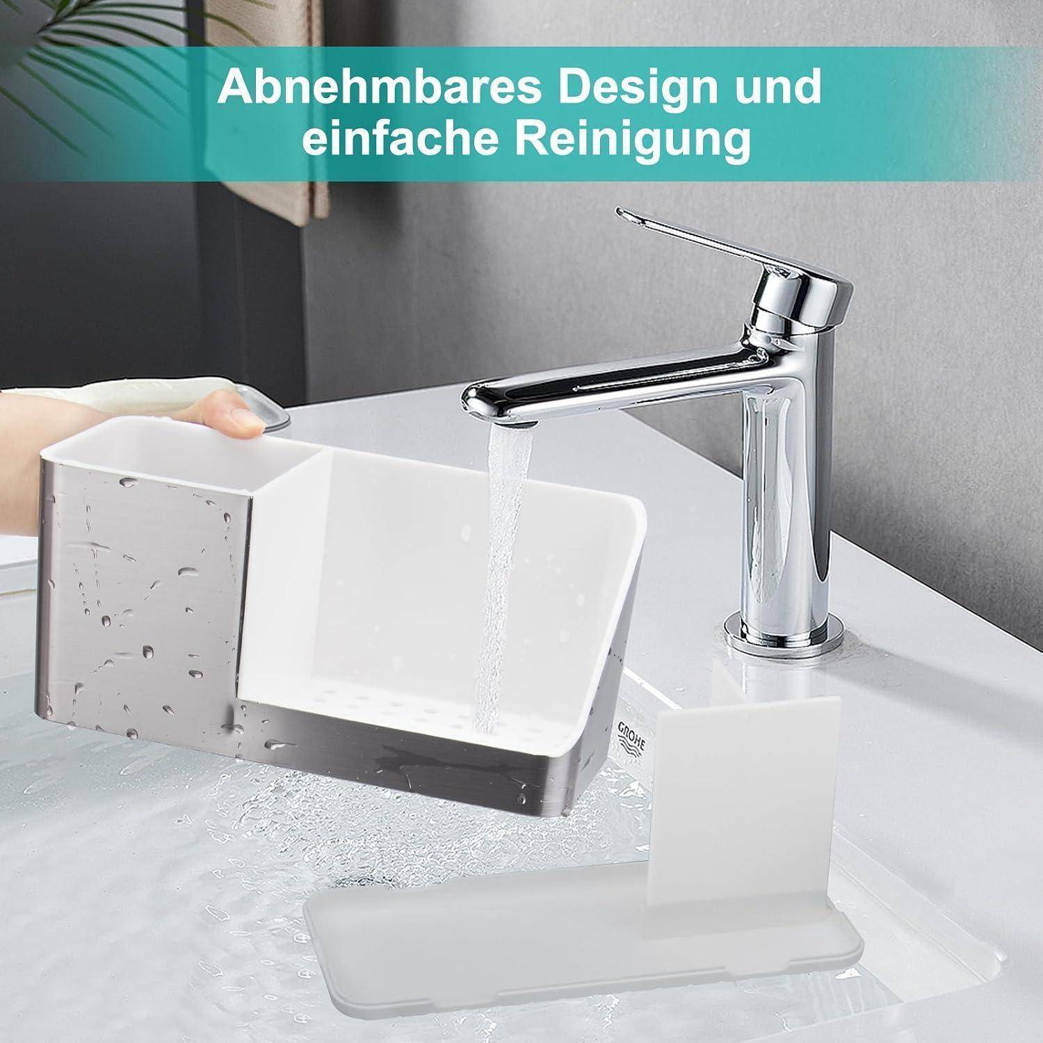 Chrom-Wasserhahn, der ein abnehmbares weißes Becken unter dem deutschen Text „Abnehmbares Design und einfache Reinigung