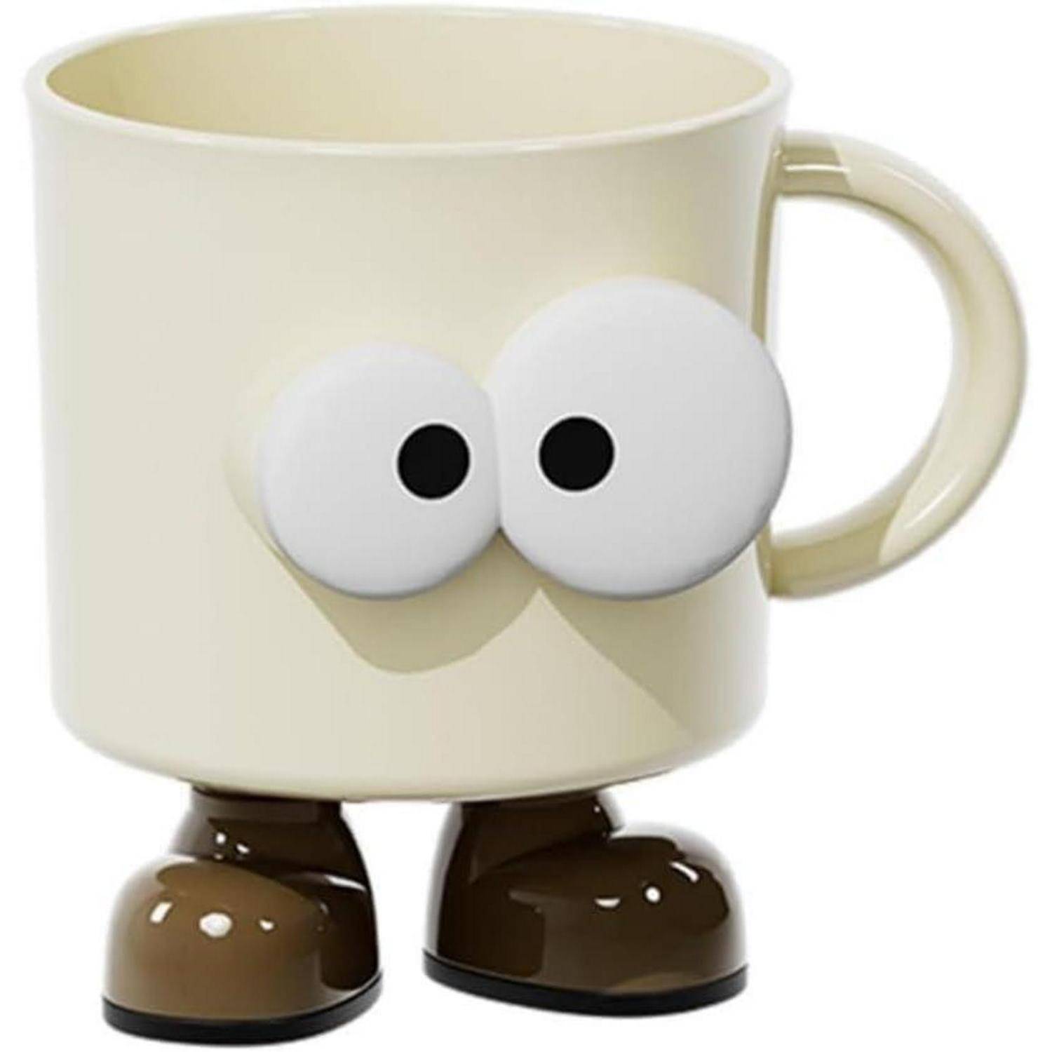 Cremefarbener Novelty-Becher in Form einer Figur mit großen wackeligen Augen und braunen Schuhen, gezeigt auf weißem Hintergrund.