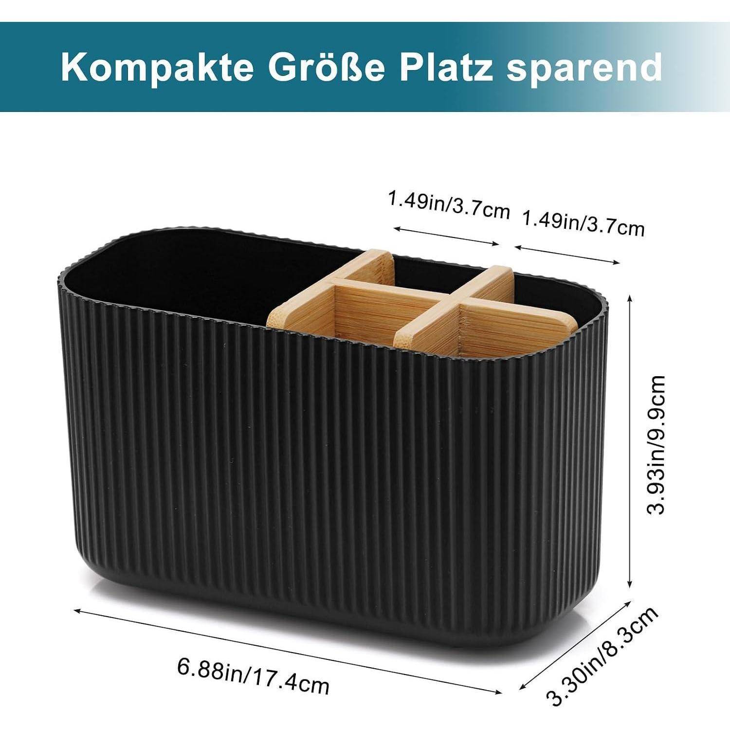 Schwarzer gerippter Arbeitsplattenorganizer mit Bambustrennern; beschriftete kompakte Größe: 6,88 x 3,80 x 3,93 Zoll und zwei Abschnitte 1,49 Zoll breit.