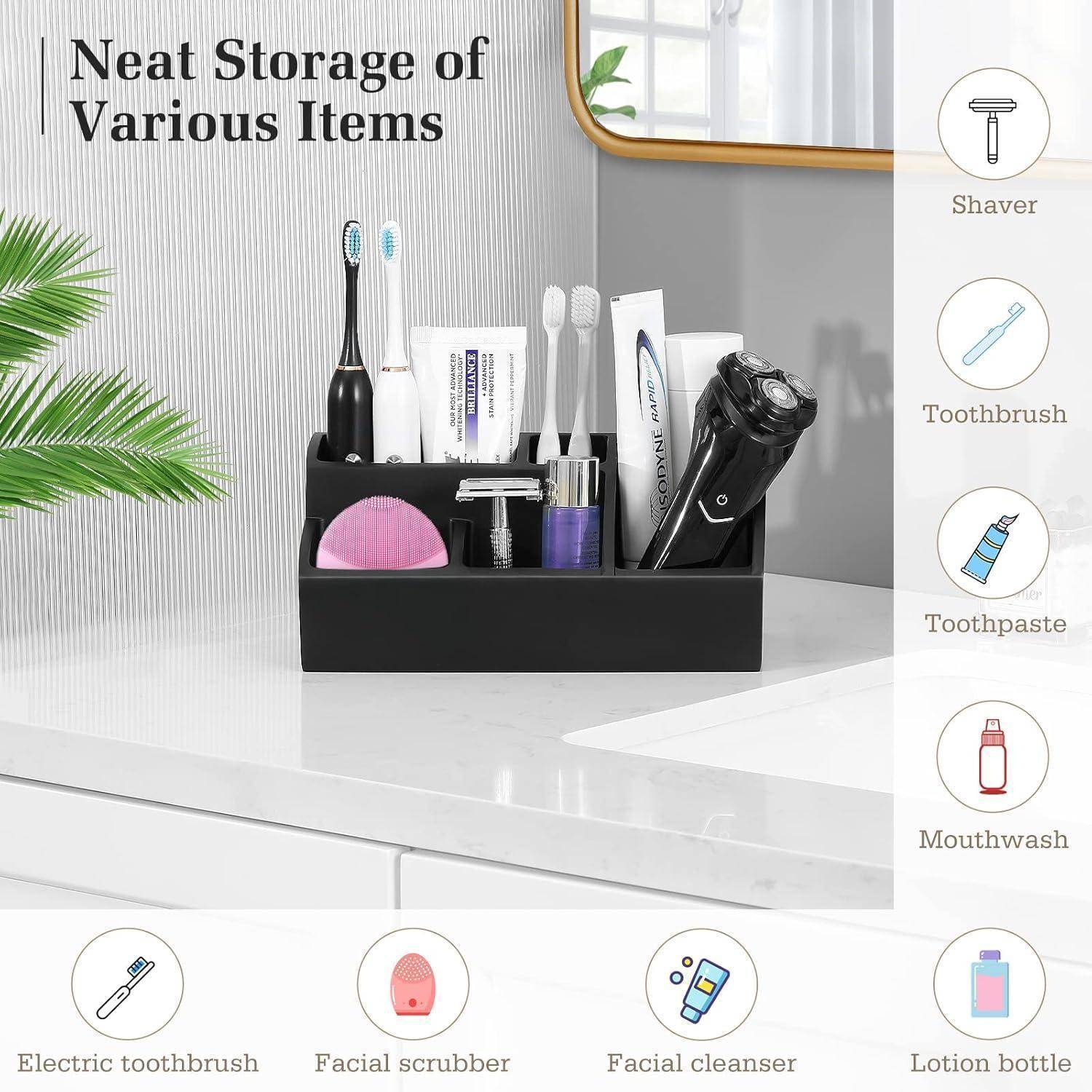 Badezimmer-Arbeitsplatte Organizer für elektrische Zahnbürsten, Zahnpasta, Rasierklinge, Rasierer, Mundwasser, Gesichtsreiniger, Bürste und Lotionsflasche.