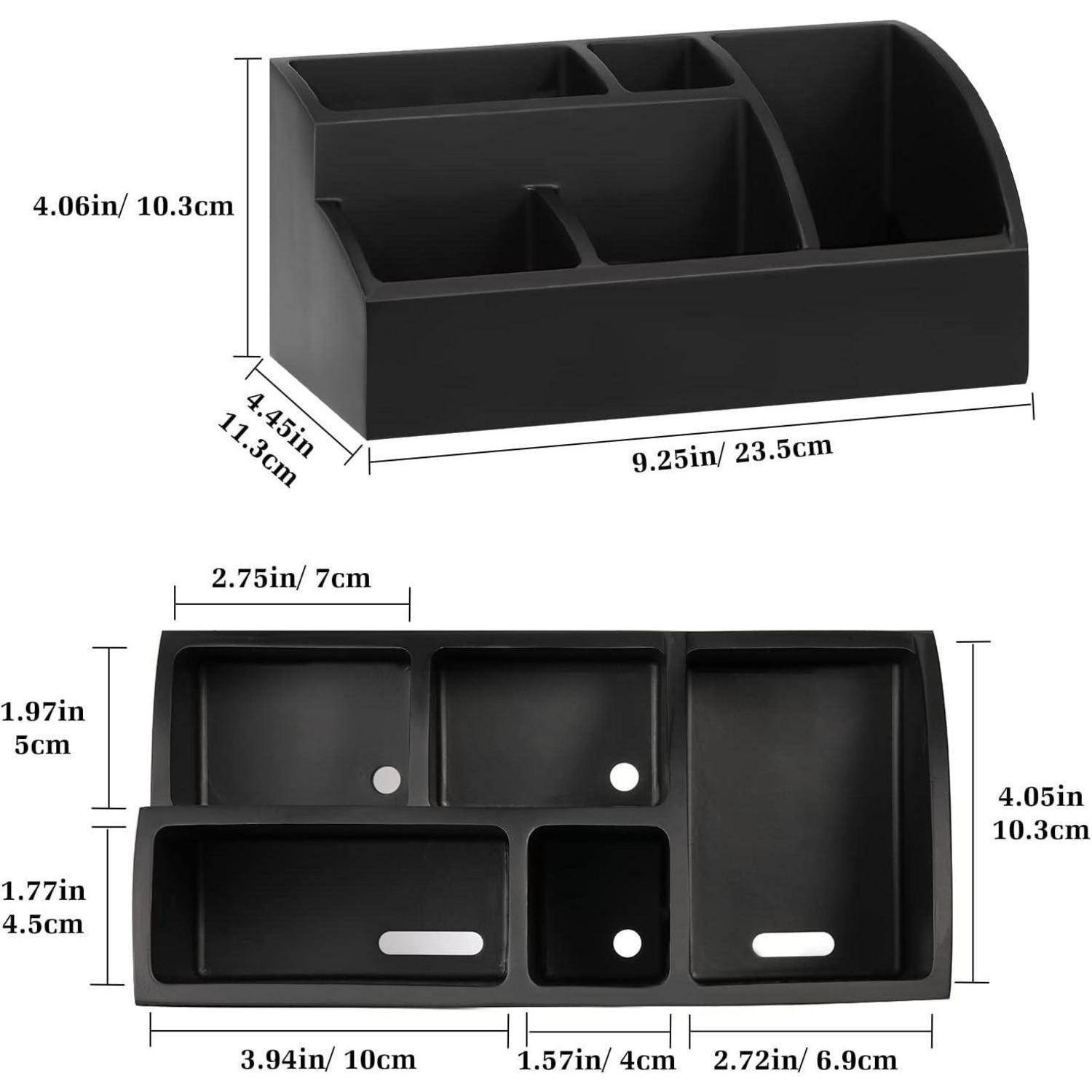Schwarzer Schreibtischorganizer mit mehreren Fächern, dargestellt in Draufsicht und Seitenansicht mit beschrifteten Abmessungen: etwa 9,25 x 4,45 x 4,06 Zoll.