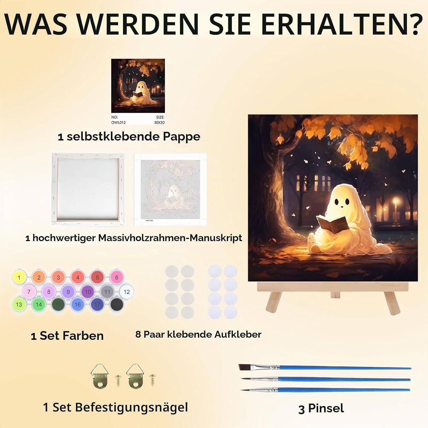 Deutsches Produktlistinggrafikelement für ein Geister-Malset mit folgenden Komponenten: selbstklebendes Papier, Holzrahmen, Farben, Klebsticker, Montage-Nägel und 3 Pinsel.
