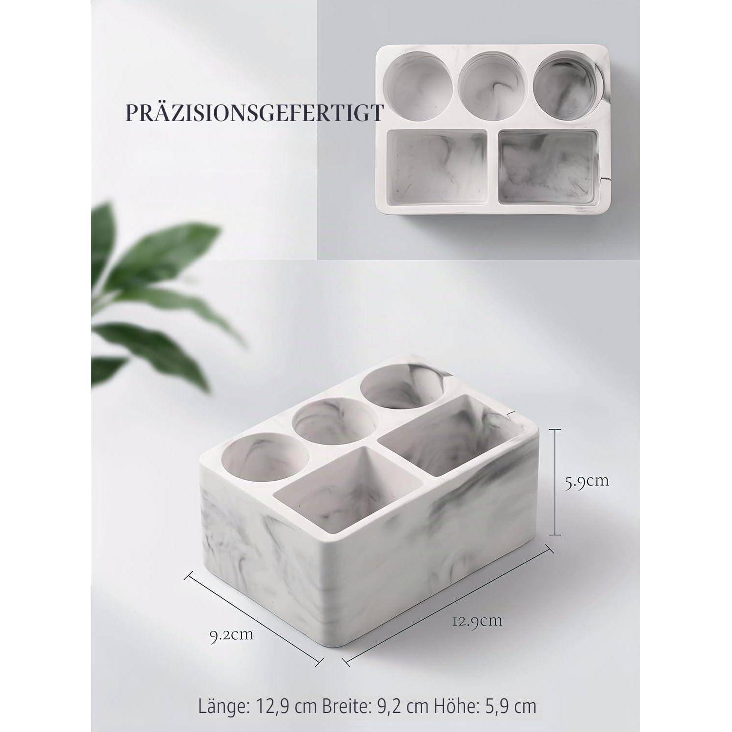 Produktabbildung einer Organizerbox mit Marmormuster und vier Fächern, mit dem Etikett „PRÄZISIONSGEFERTIGT