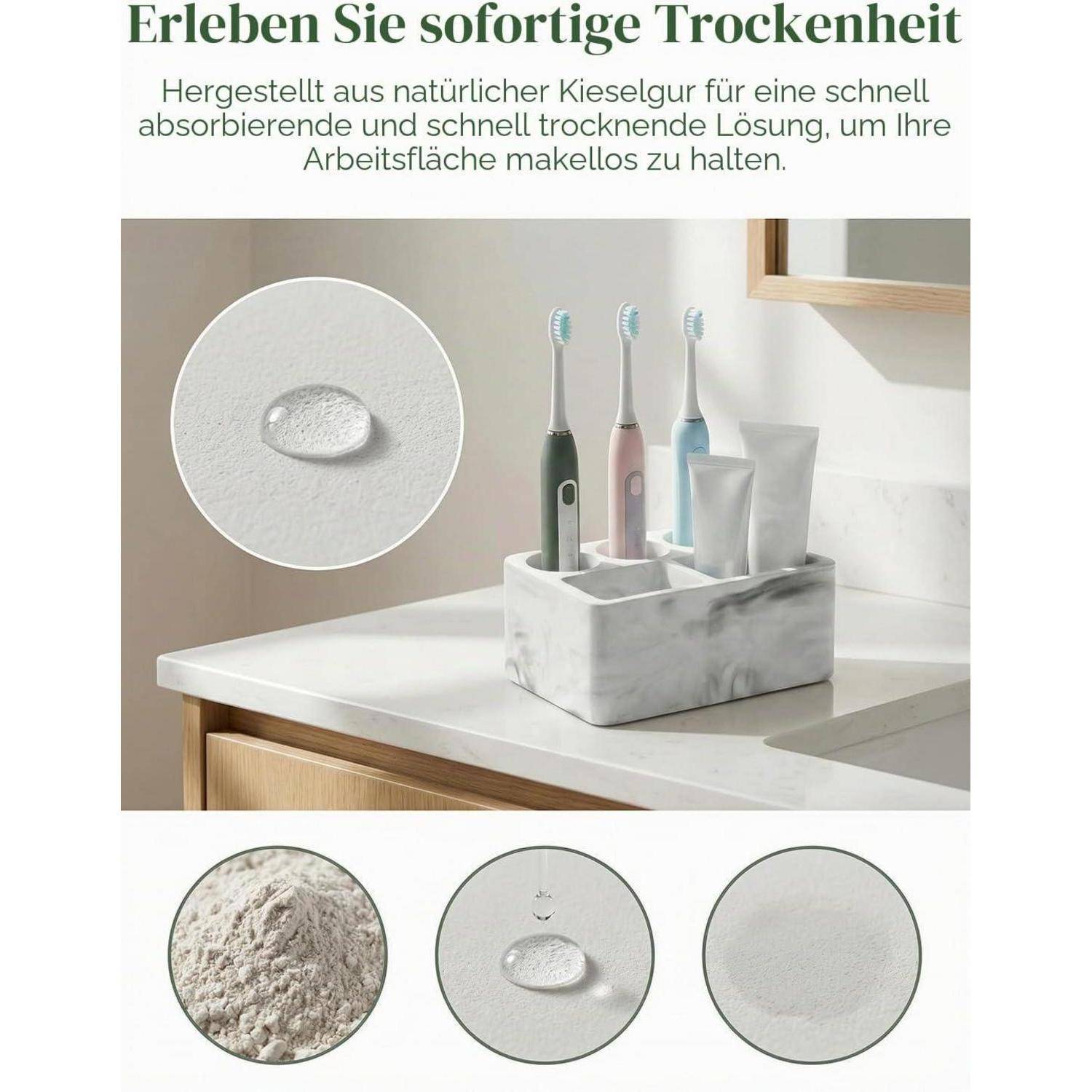 Badezimmer-Arbeitsplatte Caddy mit Zahnbürsten und Zahnpasta, hervorgehoben als schnell absorbierendes natürliches Diatomeenerdeprodukt, das Oberflächen trocken hält.