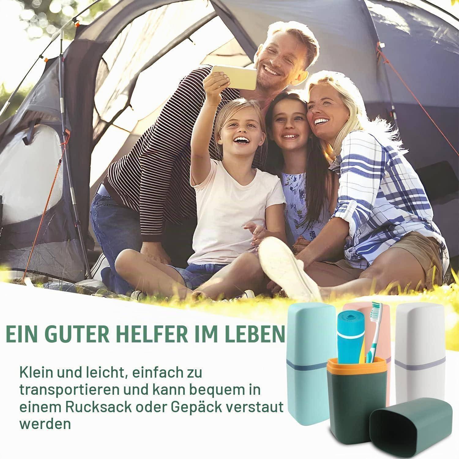 Glückliche Familie macht ein Selfie beim Camping neben einem Zelt; der deutsche Text bewirbt einen kleinen, leichten Helfer, der in einen Rucksack oder ins Gepäck passt.