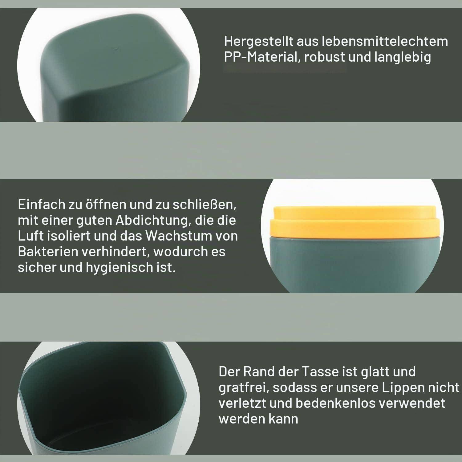 Dreiteiliges Produktgrafik eines grünen wiederverwendbaren Bechers mit Deckel, das lebensmittelechtes PP-Material, luftdichte Verschluss und glatte, sichere Kante hervorhebt.